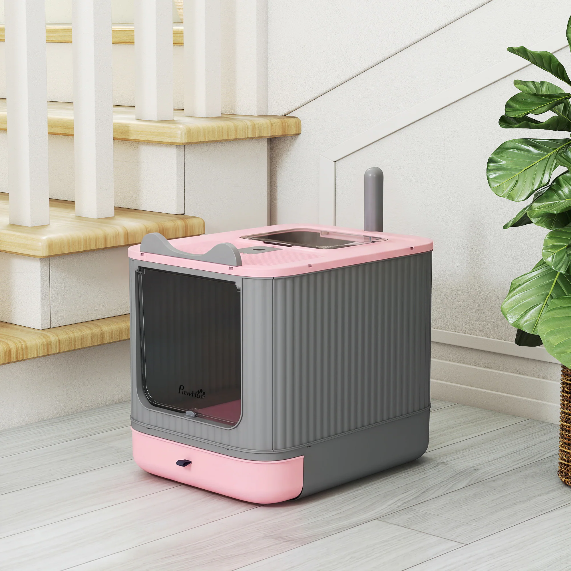 Alt View 7. Pawhut - Litter Box with Lid, Enclosed Litter Box for Medium Cats, Front-Entry and Top-Exit, Scoop - Pink.