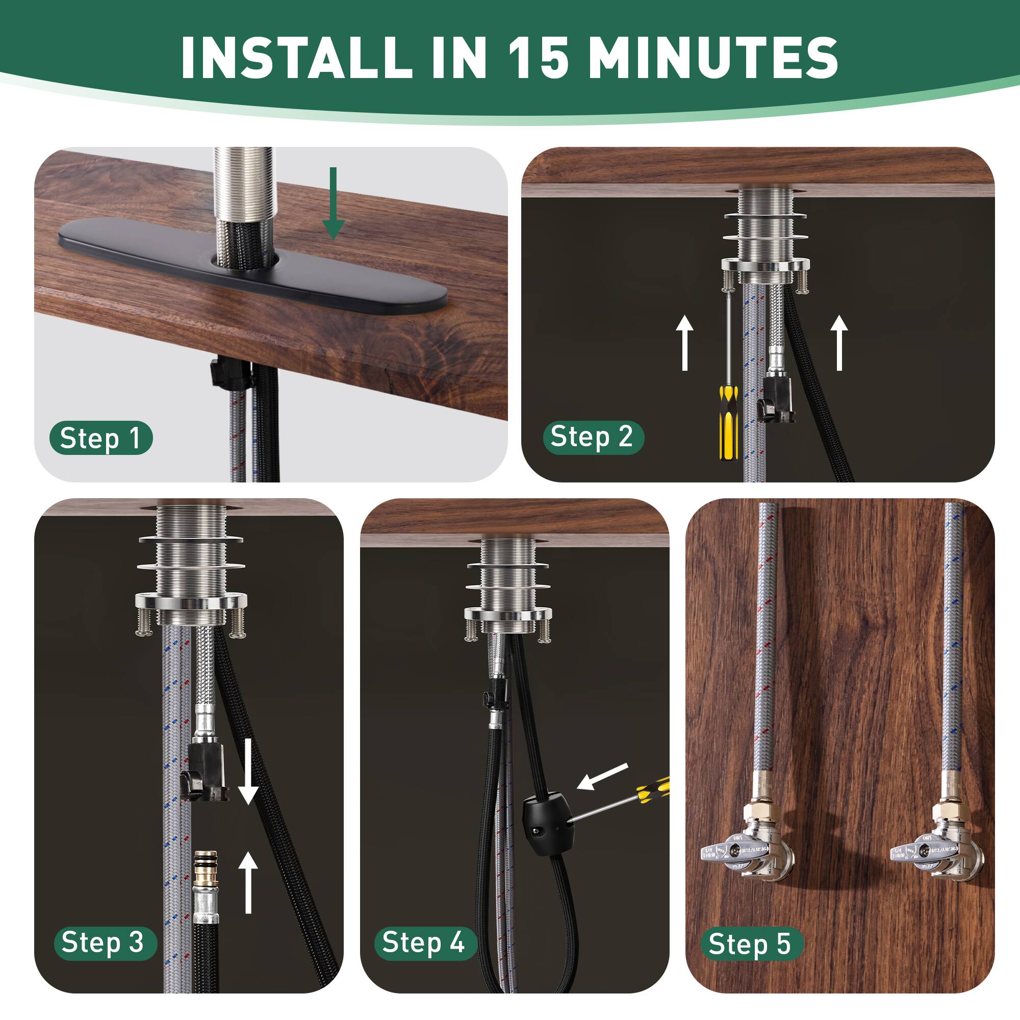 INSTALL IN 15 MINUTES

Step 1

Step 2

Step 3

Step 4

Step 5