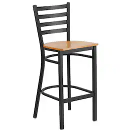 Flash Furniture - HERCULES Series Black Ladder Back Metal Restaurant Barstool - Wood Seat - Natural