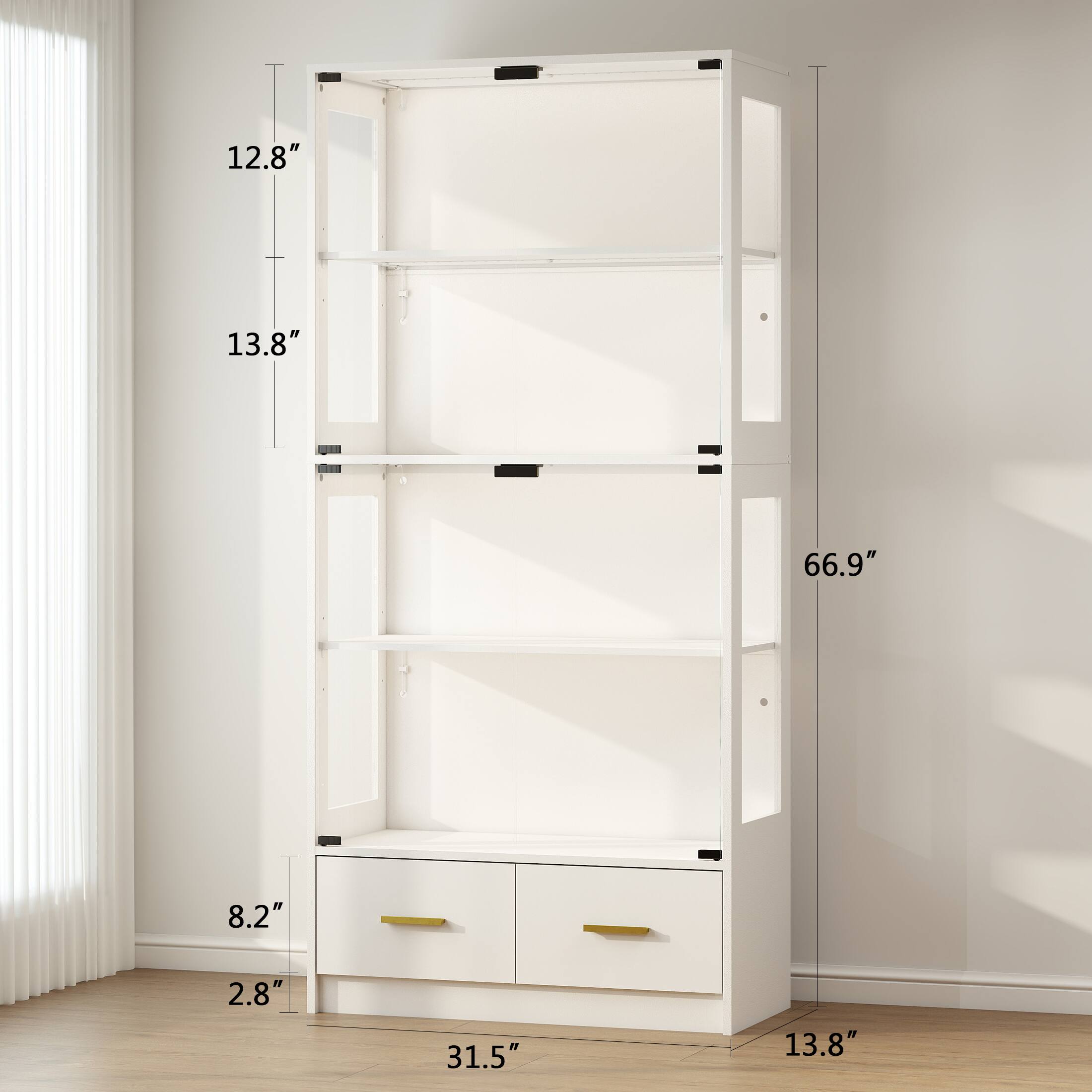 Height: 13.8", Width: 31.5", Depth: 8.2", Shelf height: 12.8", Shelf depth: 2.8", Total height: 66.9"