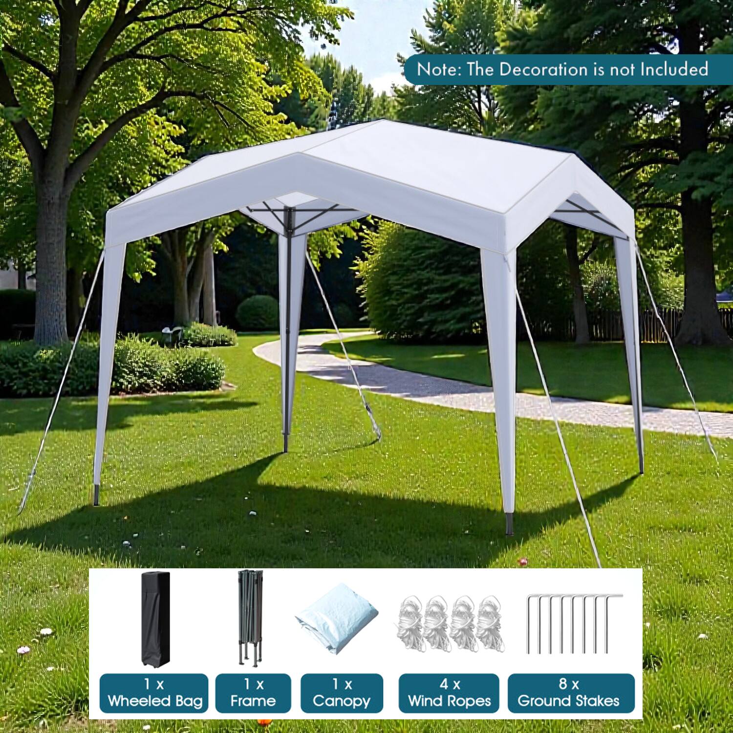 Note: The Decoration is not Included

1 x Wheeled Bag  
1 x Frame  
1 x Canopy  
4 x Wind Ropes  
8 x Ground Stakes