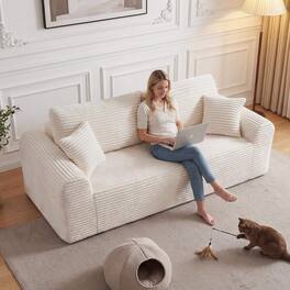 Roomtec - 3 Seater Couch Corduroy Boneless Couches for Living Room26.4 inch Cloud Couch with Deep SeatComfy Floor Sofa with 2 - White