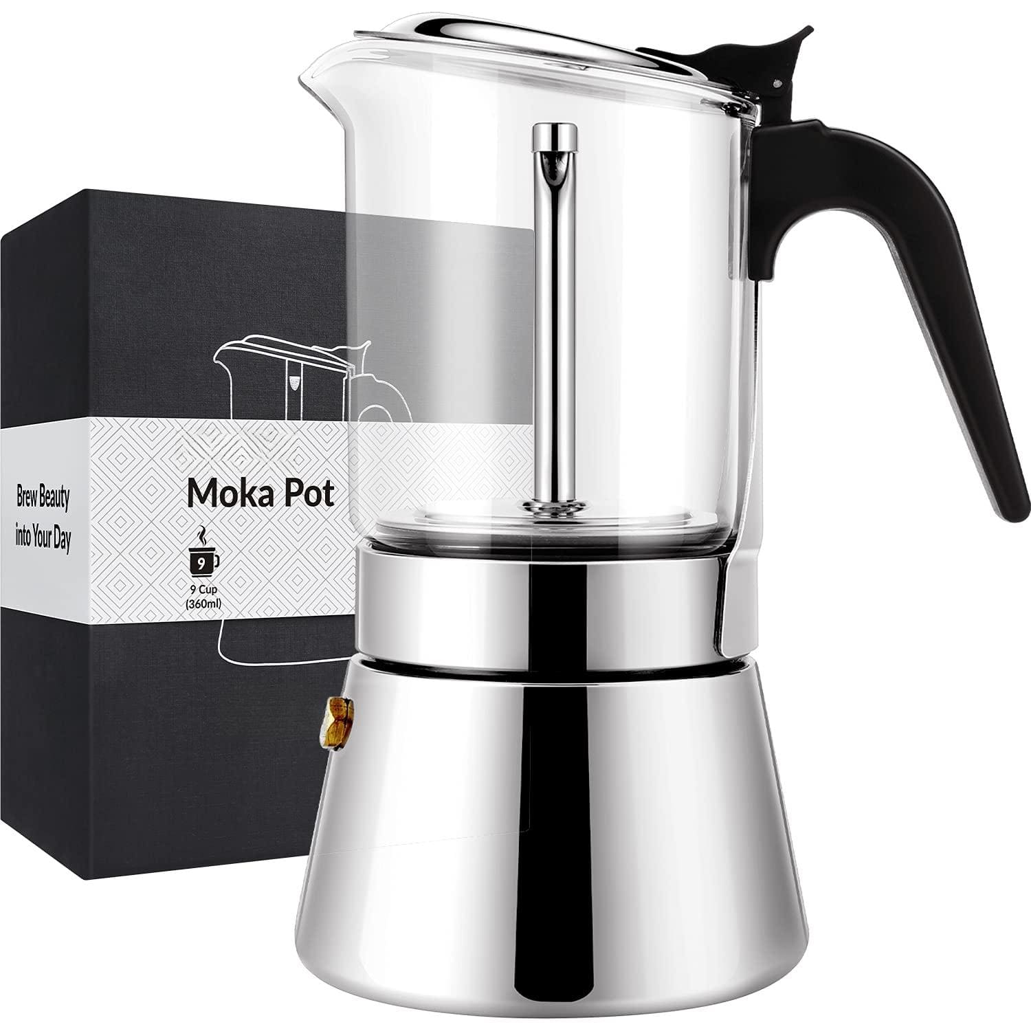 Dapper Styles - Crystal Glass-top Stovetop Espresso Moka Pot - 4/6/ 9 Cups Stainless Steel Coffee Maker- /5./4 Cup (espress - 9 Cup