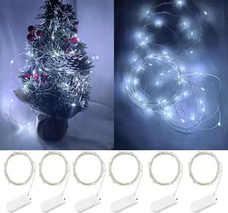 Front. THIRSTY TURTLE - 6-Pack Fairy Lights, Battery Operated, 3.3 ft, Silver Wire.