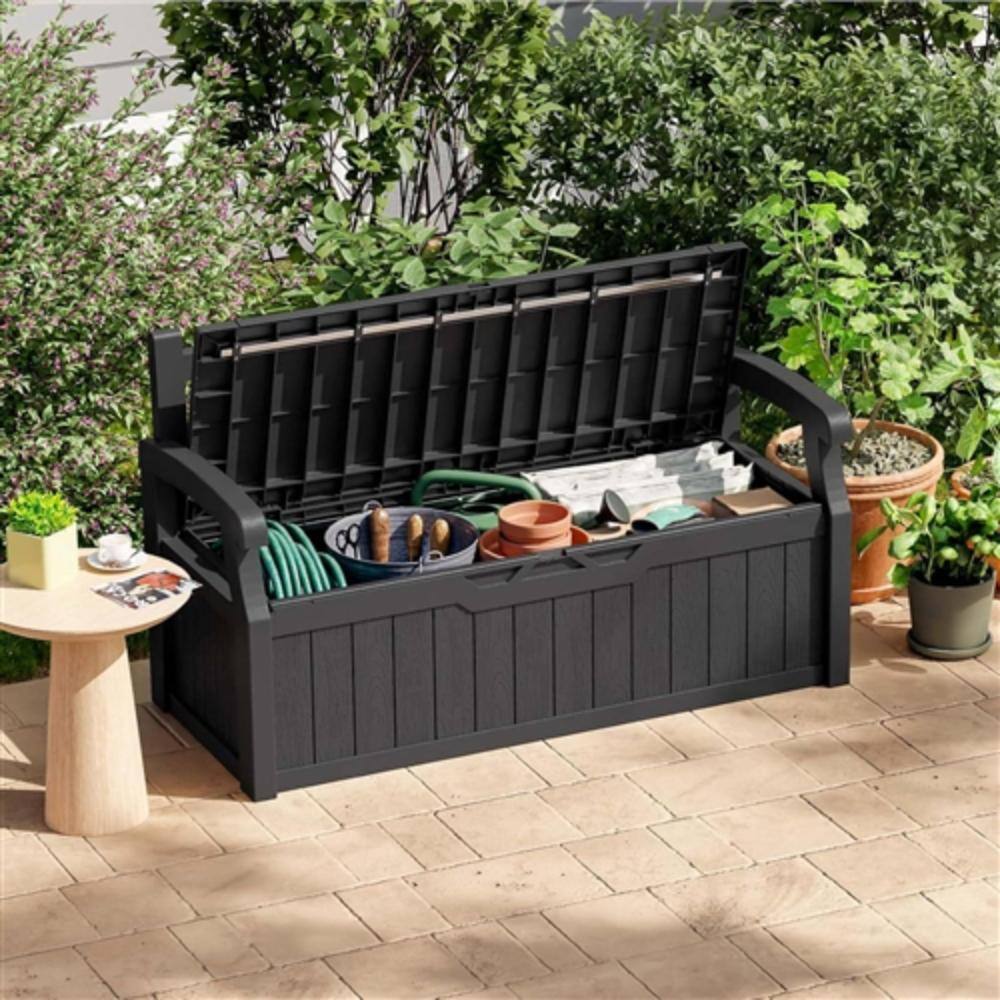 Left. Hivvago - Heavy Duty Plastic Outdoor Storage Garden Bench Patio Deck Box - Black.