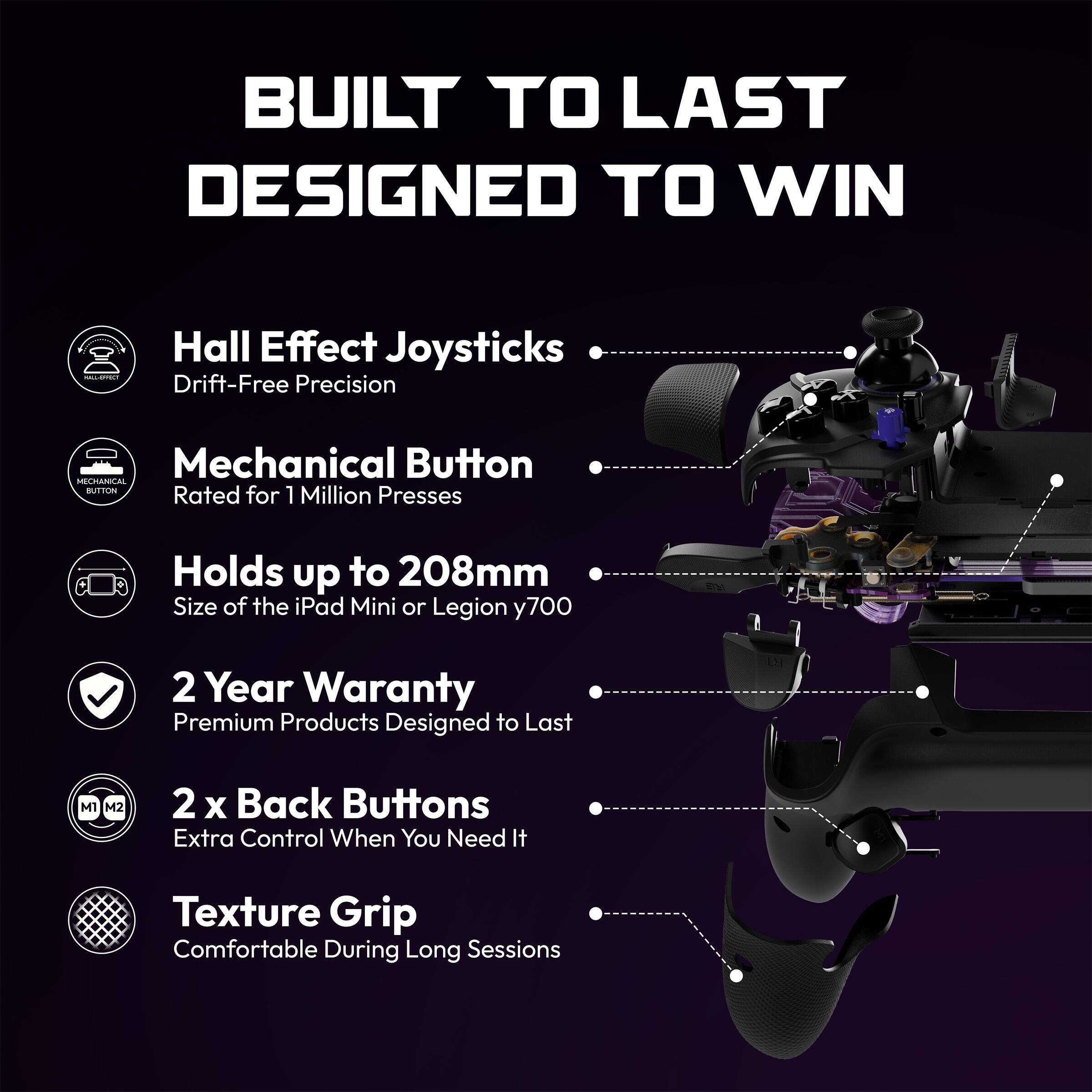 BUILT TO LAST  
DESIGNED TO WIN

- Hall Effect Joysticks  
  Drift-Free Precision

- Mechanical Button  
  Rated for 1 Million Presses

- Holds up to 208mm  
  Size of the iPad Mini or Legion y700

- 2 Year Warranty  
  Premium Products Designed to Last

- 2 x Back Buttons  
  Extra Control When You Need It

- Texture Grip  
  Comfortable During Long Sessions
