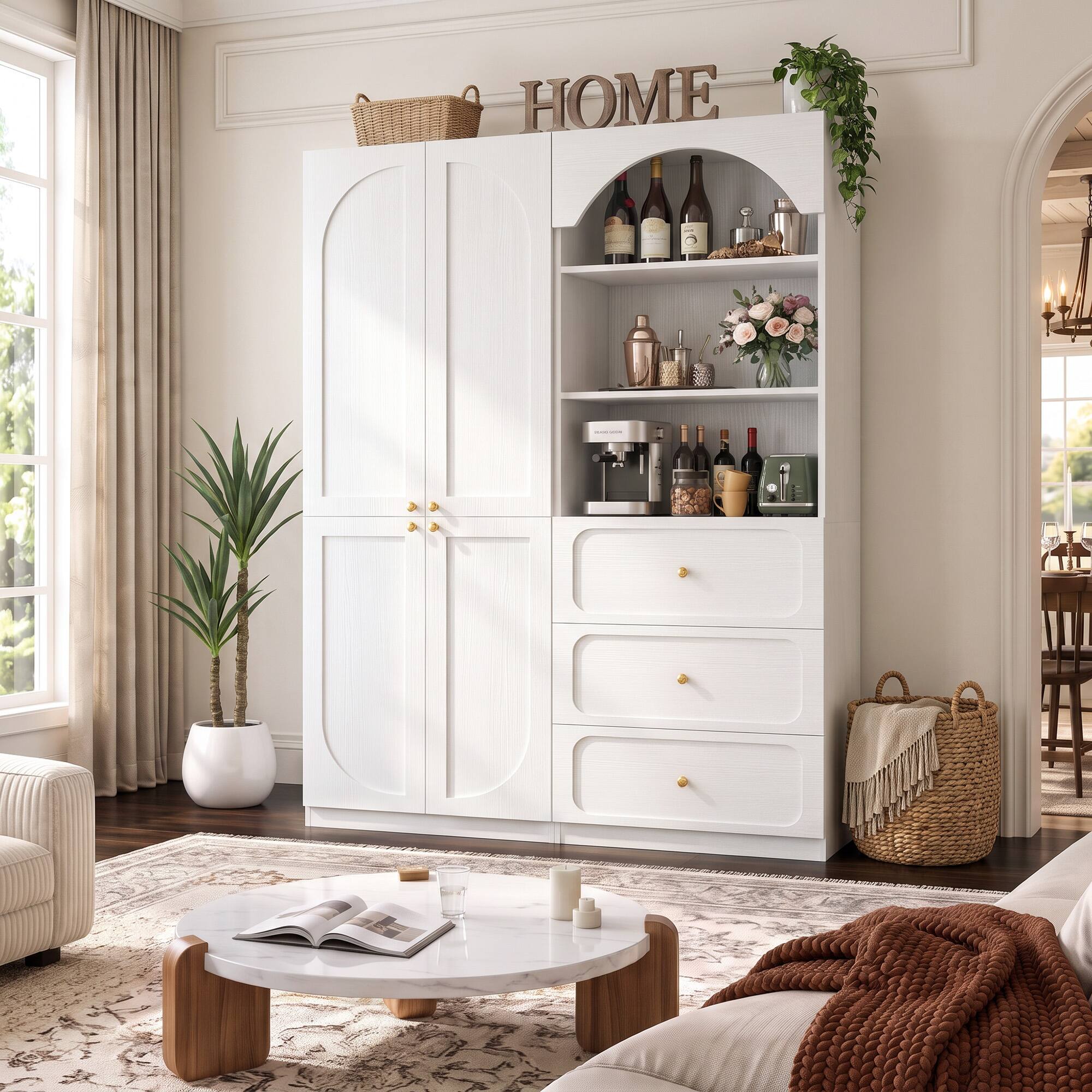 Front. Aheaplus - 80" Arched Kitchen Pantry Sets: Wooden Cupboard, 3 Drawers, 9-Tier Shelves, Kitchen/Living Room ,Ships in 2 Packages - White.