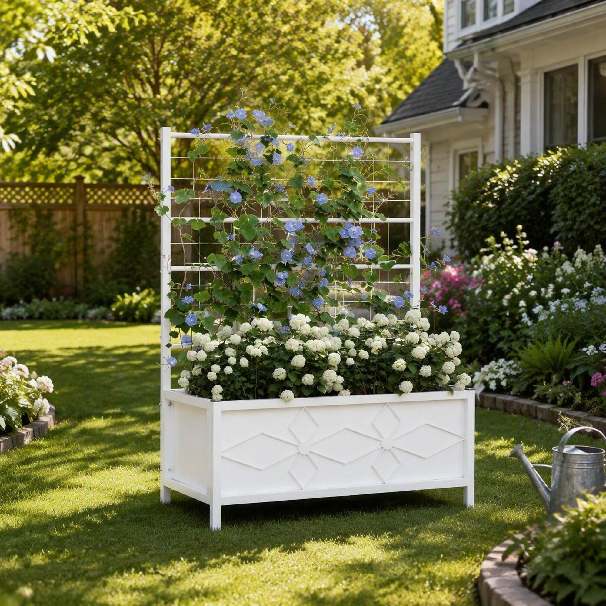 Alt View 2. RYHNUYNE - Outdoor Raised Garden Bed with Trellis, Galvanized Steel Planter Box for Climbing Vines, White Finish, 35.4 x 15.7 - White.
