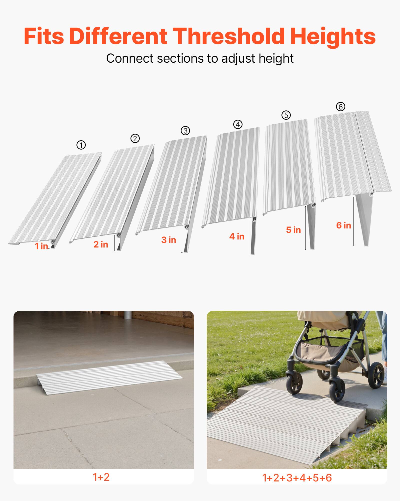 Fits Different Threshold Heights  
Connect sections to adjust height  

1 in  
2 in  
3 in  
4 in  
5 in  
6 in  

1+2  
1+2+3+4+5+6