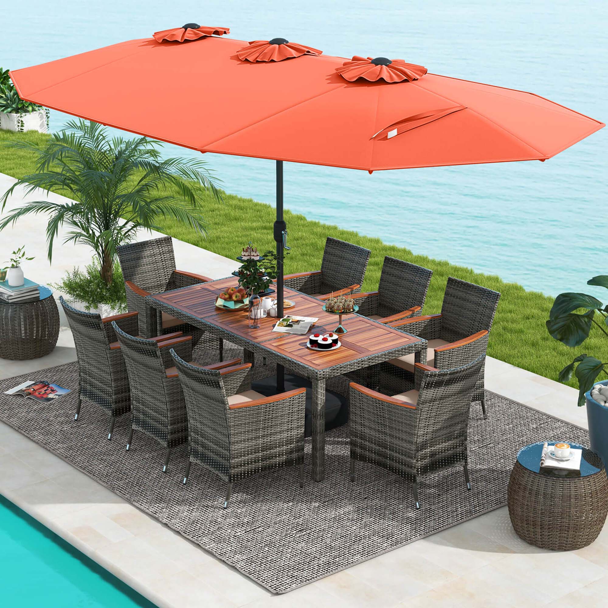 Alt View 1. Costway - 10 Pieces Patio Wicker Dining Set with Double-Sided Patio Umbrella 8 Armchairs - Orange,Mix Brown.