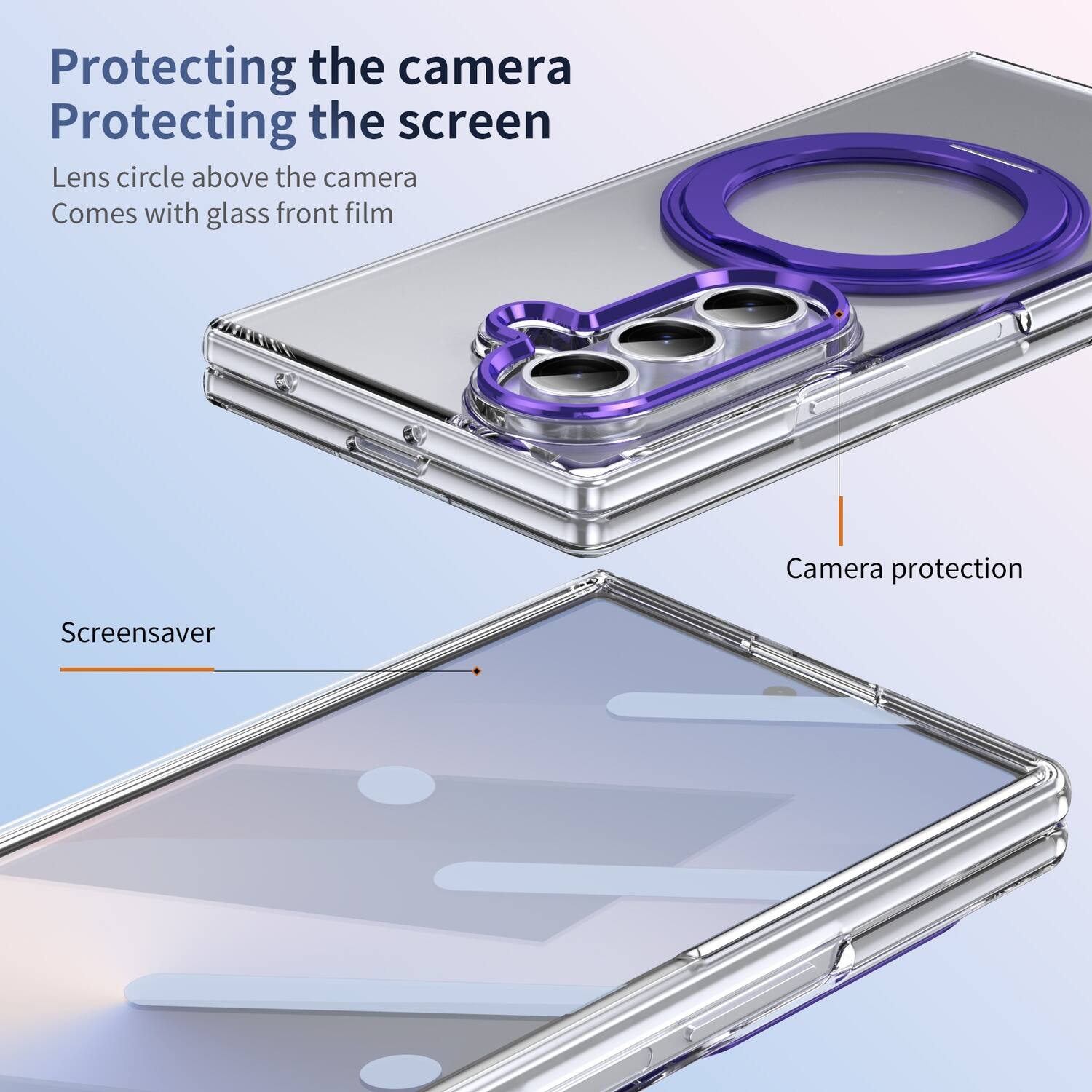 Protecting the camera  
Protecting the screen  
Lens circle above the camera  
Comes with glass front film  

Screensaver  

Camera protection