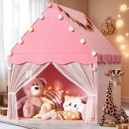 Front. Skar Audio - Tent Play With Padded Mat And Lights Playhouse 2 Doors & 4 Windows 2 Side - Light Pink.