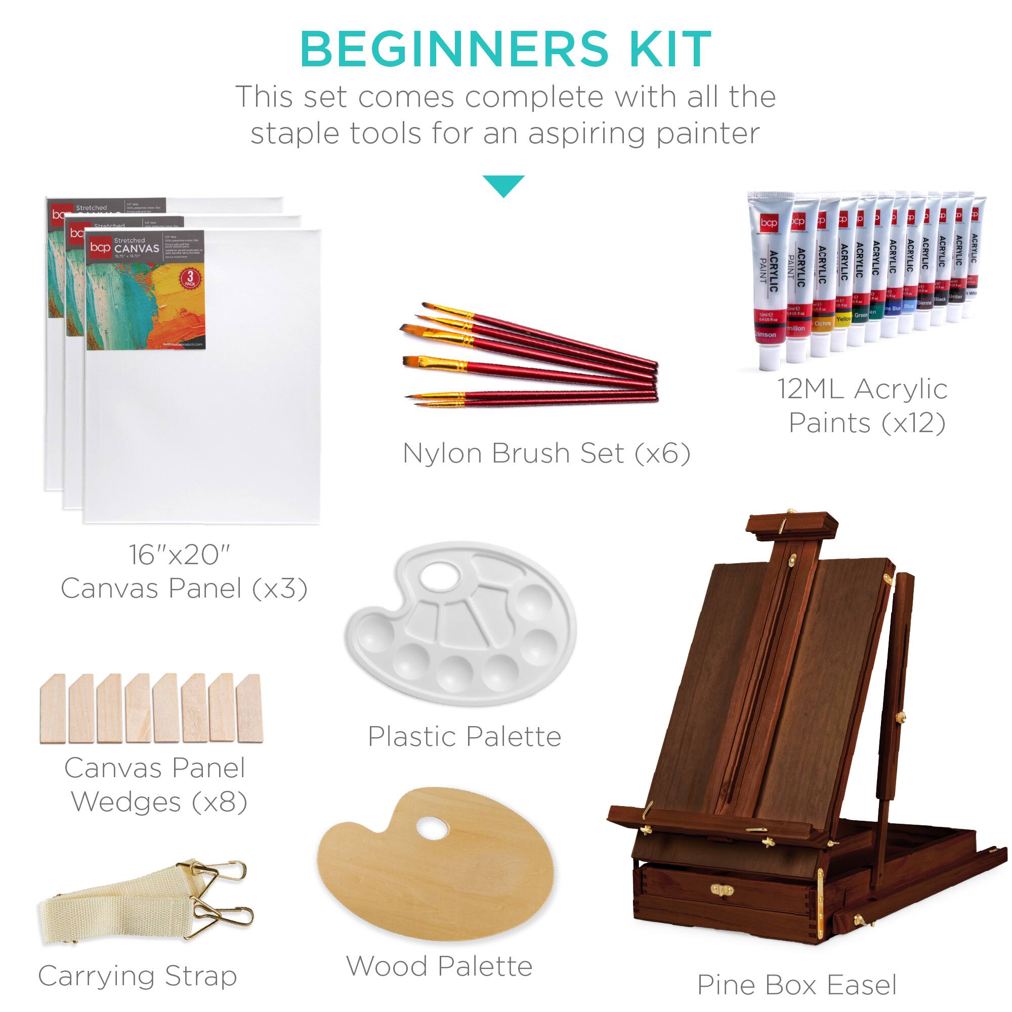 BEGINNERS KIT

This set comes complete with all the staple tools for an aspiring painter

- Nylon Brush Set (x6)
- 12ML Acrylic Paints (x12)
- 16"x20" Canvas Panel (x3)
- Canvas Panel Wedges (x8)
- Plastic Palette
- Carrying Strap
- Wood Palette
- Pine Box Easel