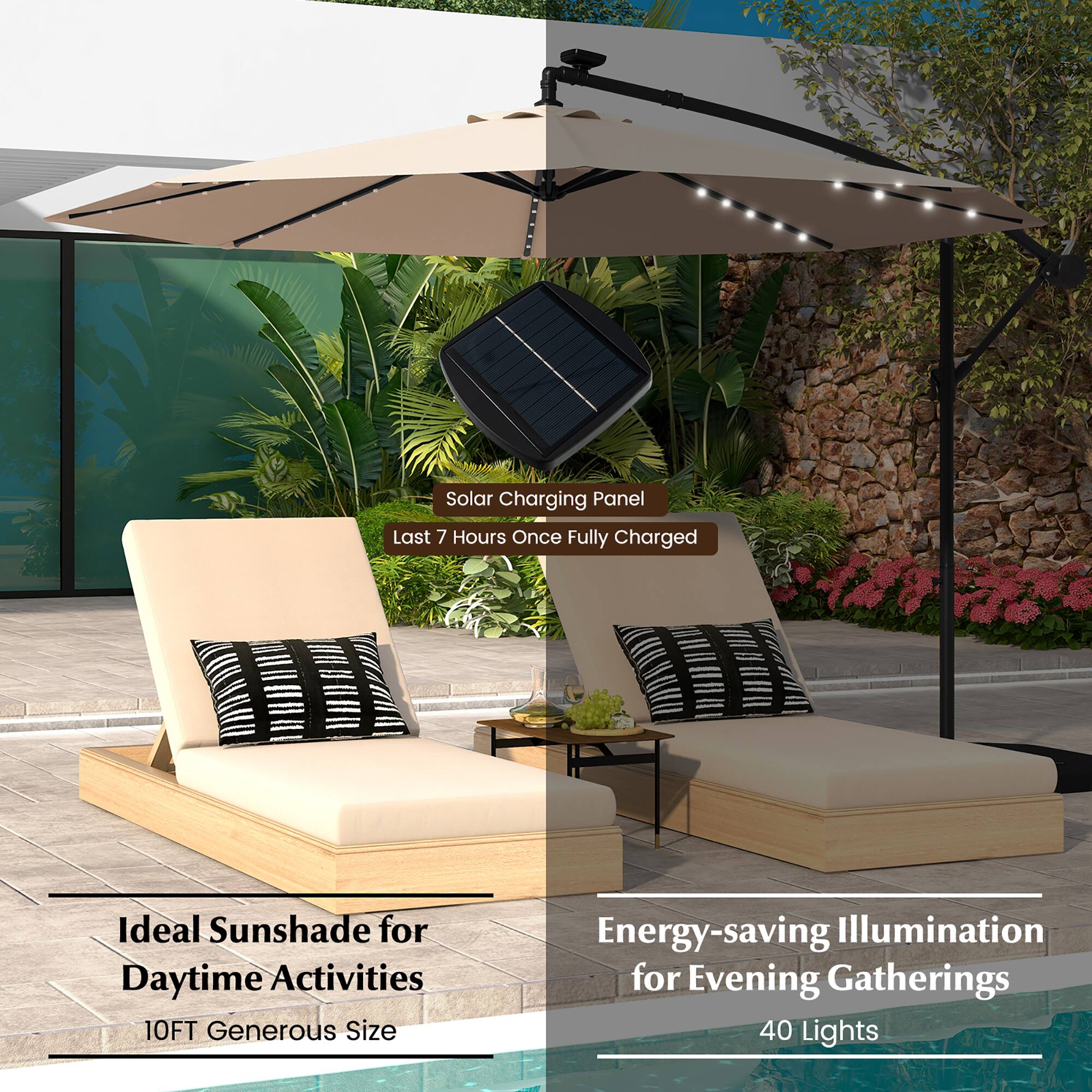 Solar Charging Panel: Last 7 Hours Once Fully Charged
Ideal Sunshade for Daytime Activities: 10FT Generous Size
Energy-saving Illumination for Evening Gatherings: 40 Lights