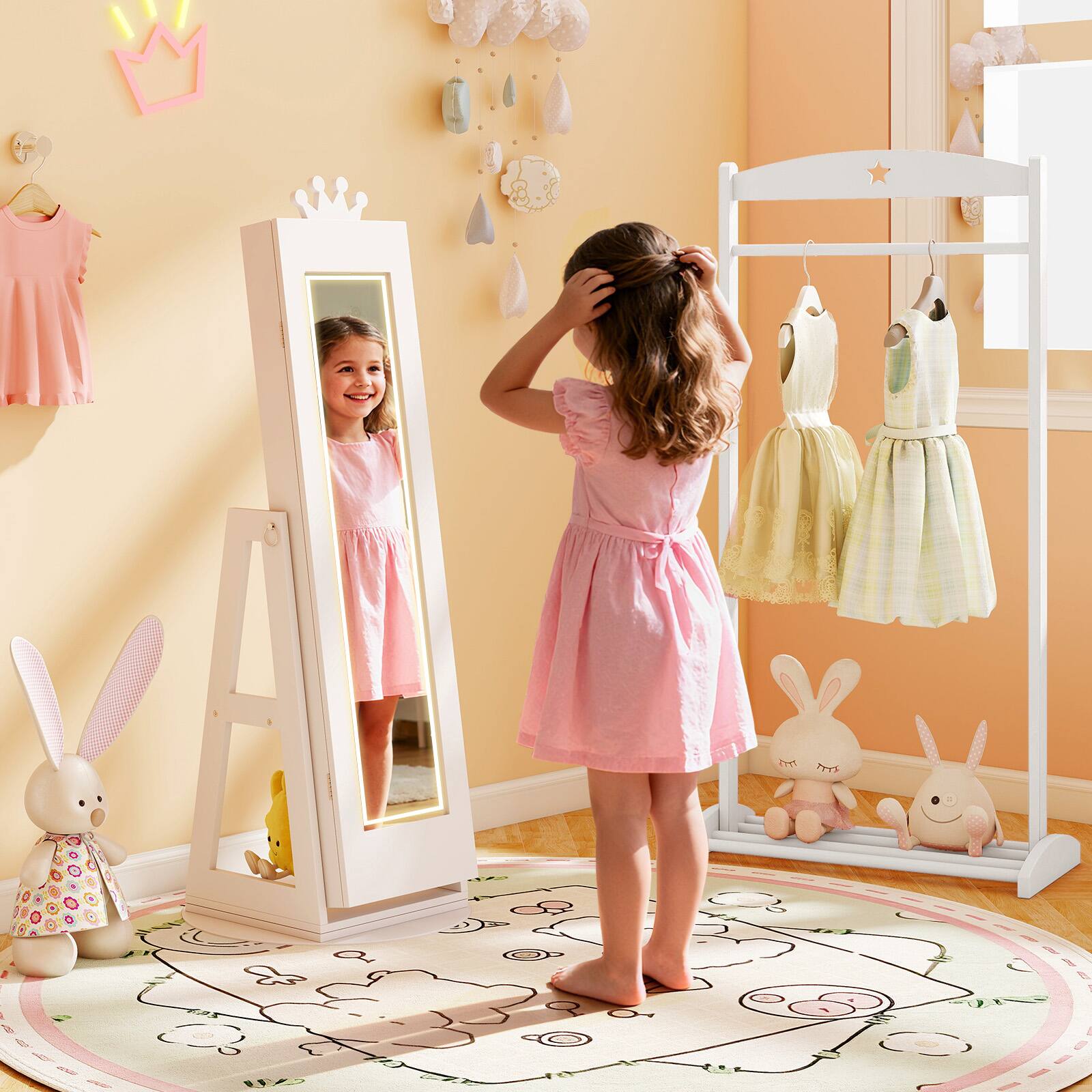 Alt View 4. Gymax - Gymax Swivel Kids Jewelry Cabinet w/ Lights Full-Length Mirror & Built-in Mirror White - White.