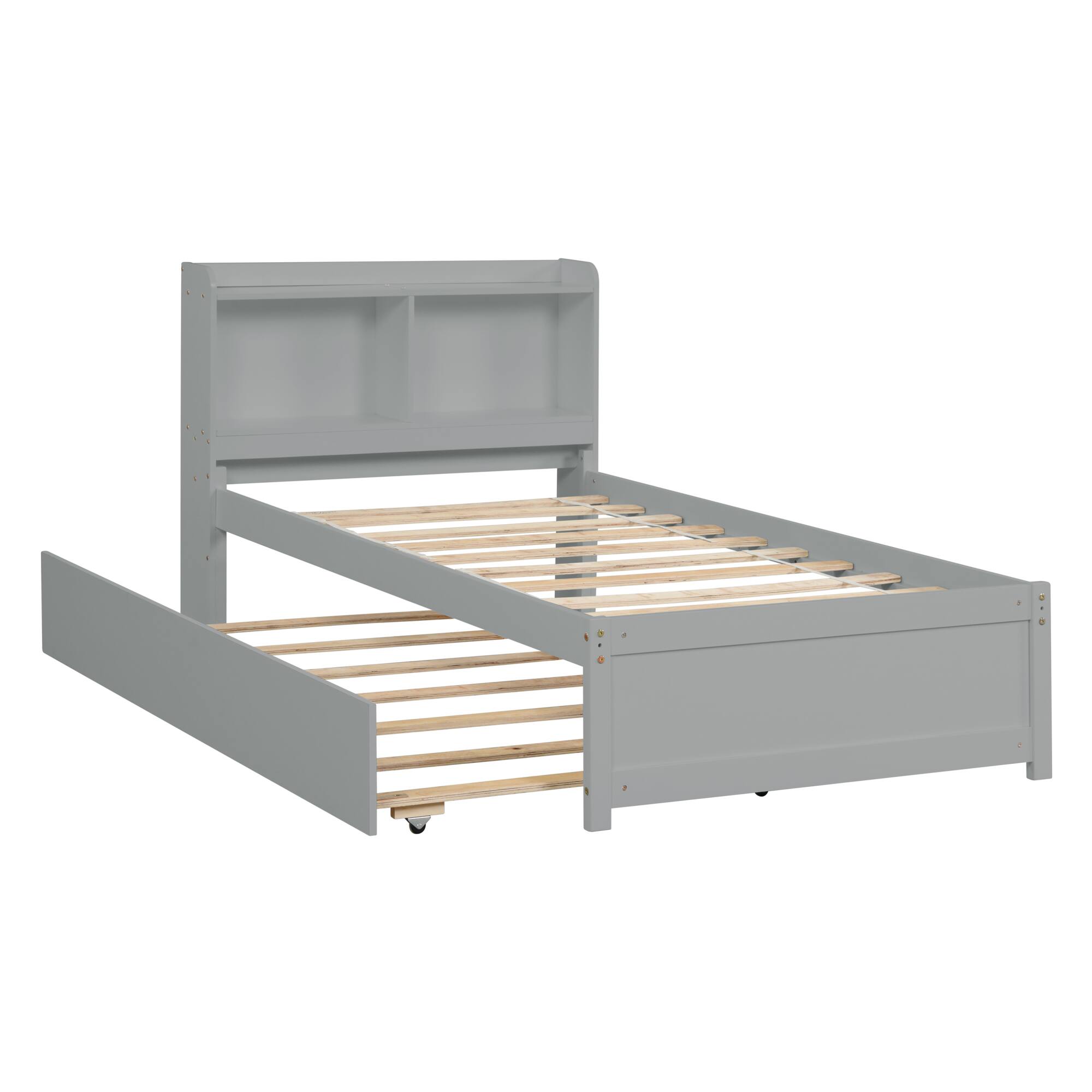 Left. GOODSILO - Space-Saving Twin Bed with Pull-Out Trundle and Built-In Bookcase Headboard for Compact Bedrooms - Grey.