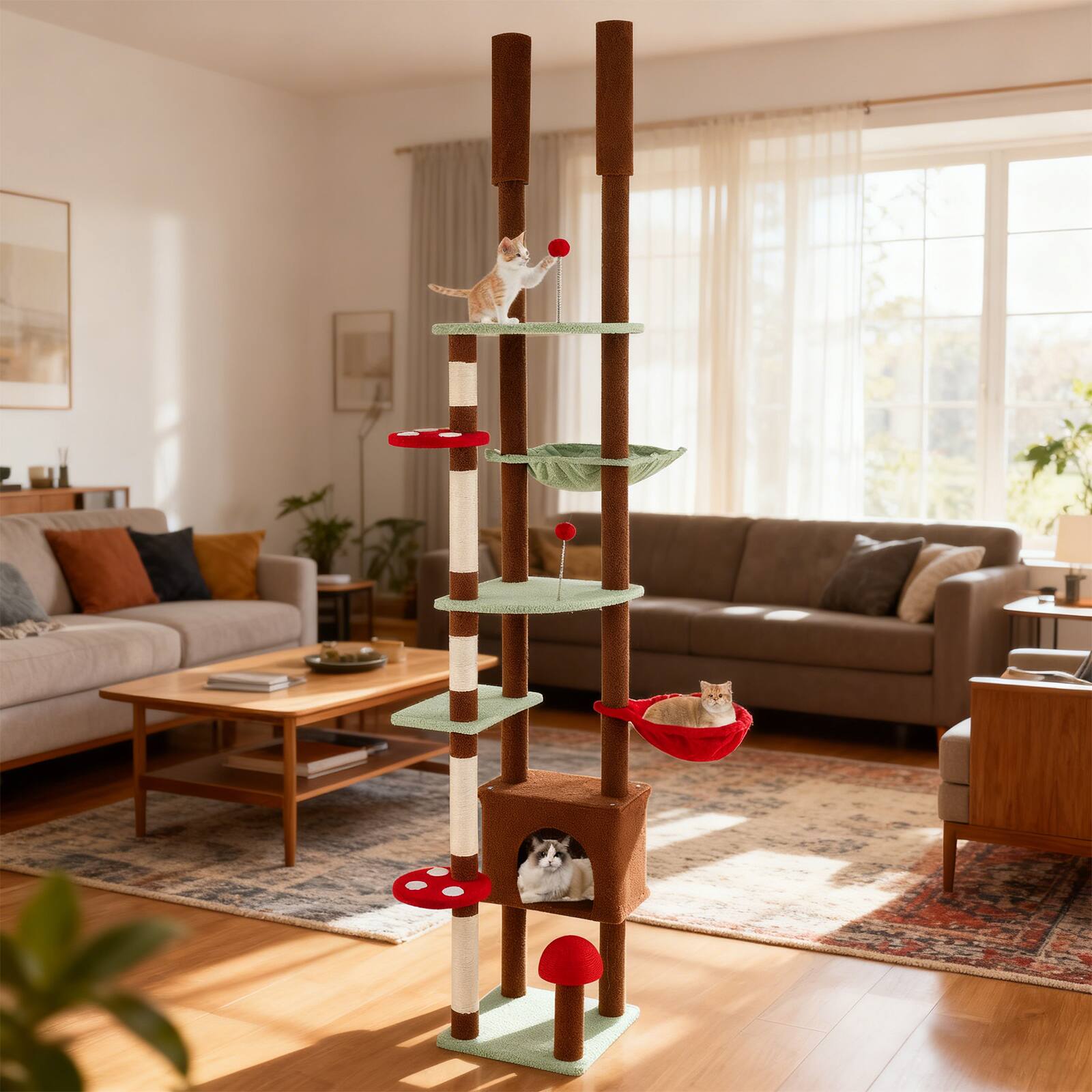 Alt View 3. Gymax - Gymax Floor to Ceiling Cat Tree w/Cat Condo & Hammock Rotatable Hanging Basket Indoor.