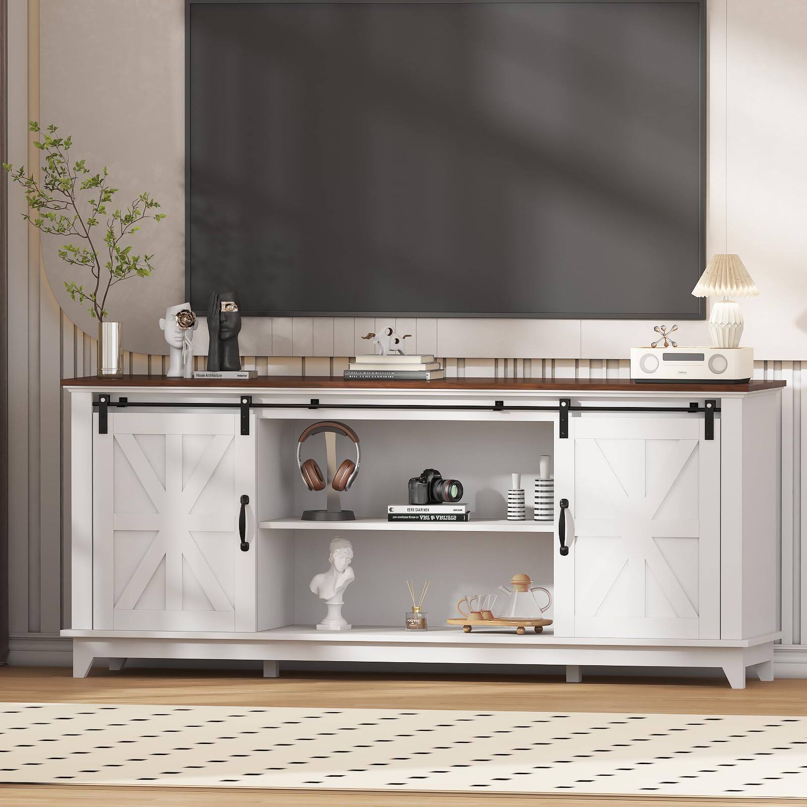 Left. Babevy - Farmhouse TV Stand for 75" Television, Wood Entertainment Center with Storage & Barn Doors - Brown.