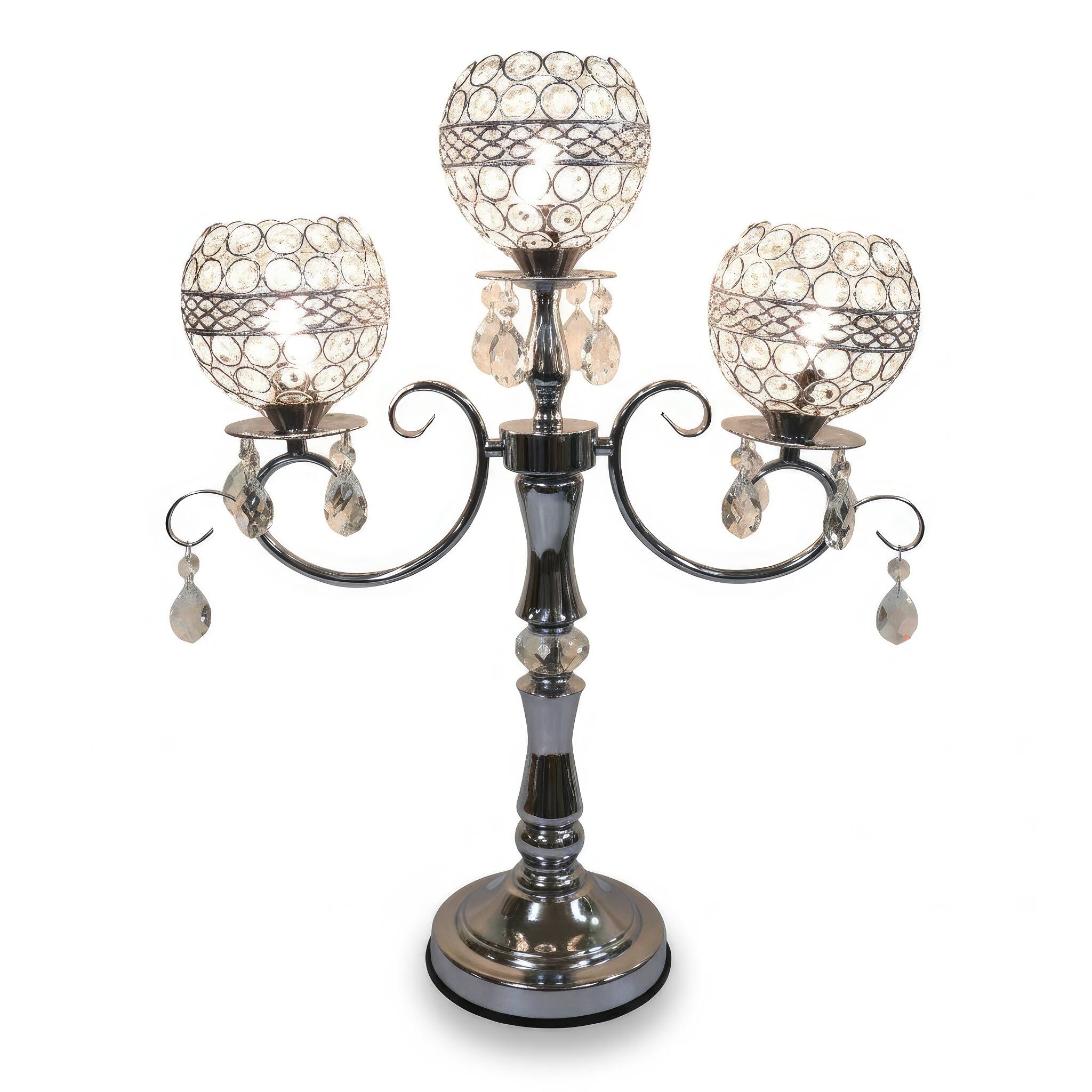 Angle. FC Design - 23"H Polished Silver Ornamental Stem w/ Triple Faux Crystal Mesh Globes Touch Lamp.