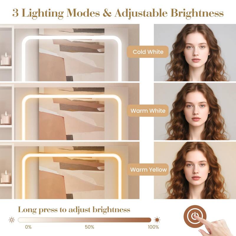 3 Lighting Modes & Adjustable Brightness

- Cold White
- Warm White
- Warm Yellow

Long press to adjust brightness

0% 50% 100%