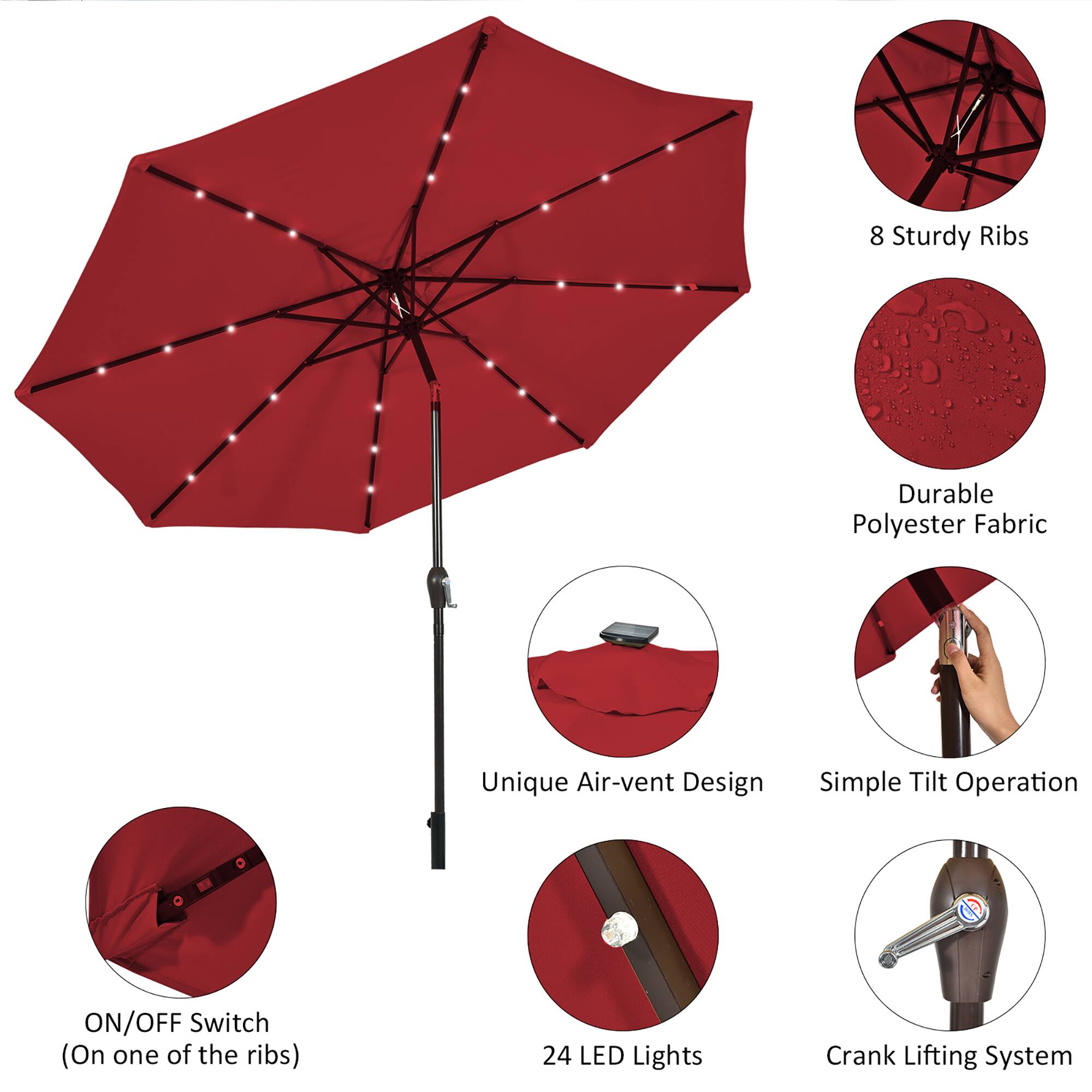 The image features a red umbrella with a unique air-vent design, made of durable polyester fabric. The umbrella has 8 sturdy ribs and a simple tilt operation. It also comes with an ON/OFF switch, which is located on one of the ribs. Additionally, the umbrella has 24 LED lights, and it is equipped with a crank lifting system.