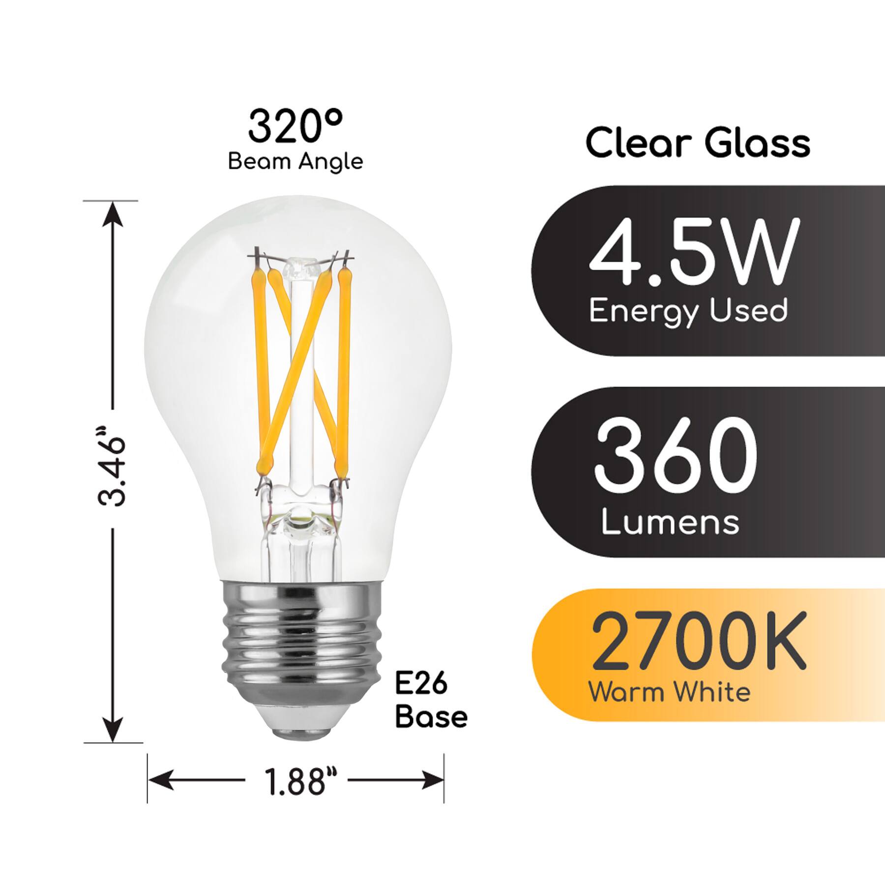 3.46"  
320° Beam Angle  
E26 Base  
Clear Glass  
4.5W Energy Used  
360 Lumens  
2700K Warm White  
1.88"