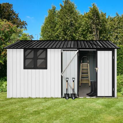Front. Mondawe - 12x10 Ft Metal Garden Sheds with Window - White+Black.