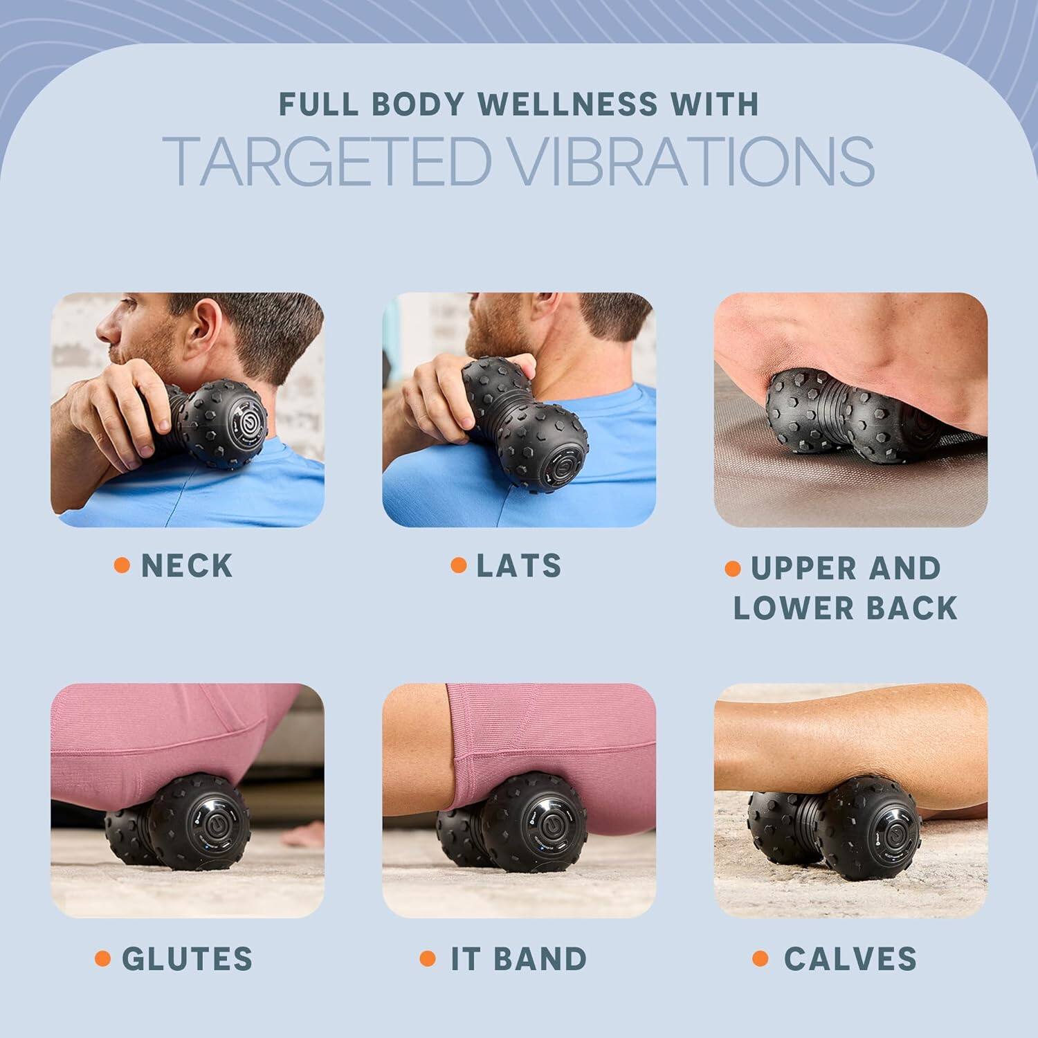 FULL BODY WELLNESS WITH TARGETED VIBRATIONS

- NECK
- LATS
- UPPER AND LOWER BACK
- GLUTES
- IT BAND
- CALVES