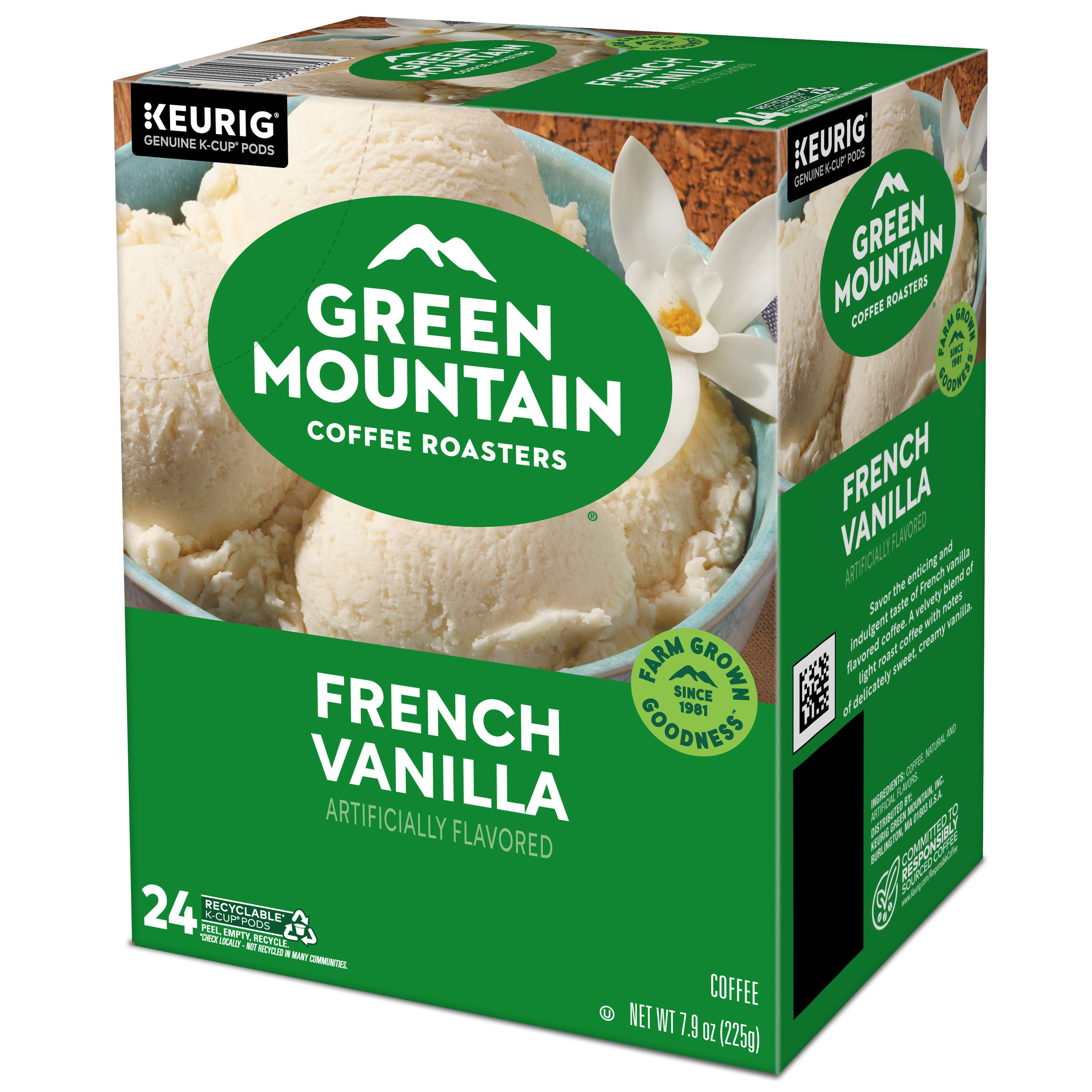 Sure, here is the corrected and grouped text from the image:

---

**KEURIG**  
GENUINE K-CUP PODS

**GREEN MOUNTAIN COFFEE ROASTERS**

**FRENCH VANILLA**  
ARTIFICIALLY FLAVORED

**FARM GROWN SINCE 1981**  
FARM GROWN GOODNESS

**24**  
RECYCLABLE K-CUP EMPTY PODS  
NET WT 7.9 OZ (225g)

**COFFEE**

**Enjoy the taste of French vanilla ice cream with a hint of coffee.**  
Flavored coffee with notes of vanilla ice cream, a creamy vanilla flavor, and a hint of coffee.  
Low calorie, creamy vanilla flavor with a hint of coffee.

**ARTIFICIALLY FLAVORED**

**RECYCLABLE**  
RECYCLE EMPTY PODS

**NET WT 7.9 OZ (225g)**

---

This text is grouped and corrected to reflect the information on the packaging accurately.