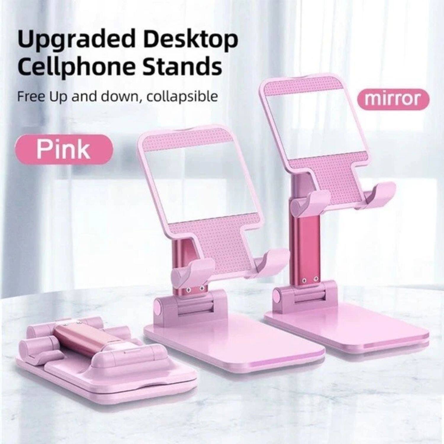 Upgraded Desktop Cellphone Stands  
Free Up and down, collapsible  
Pink  
mirror