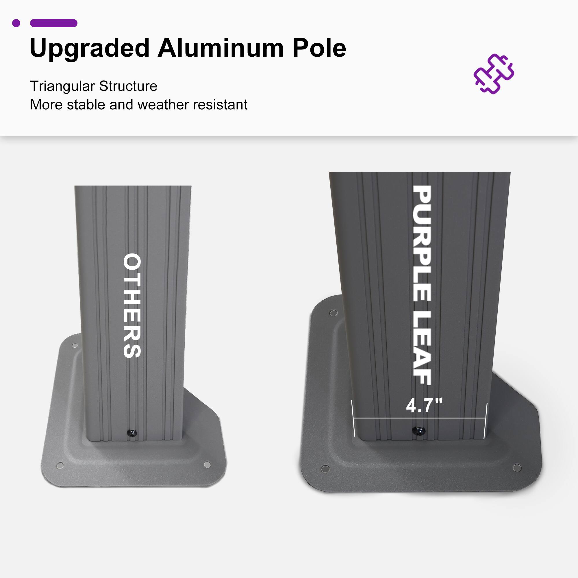 Upgraded Aluminum Pole

Triangular Structure  
More stable and weather resistant

OTHERS

PURPLE LEAF  
4.7"
