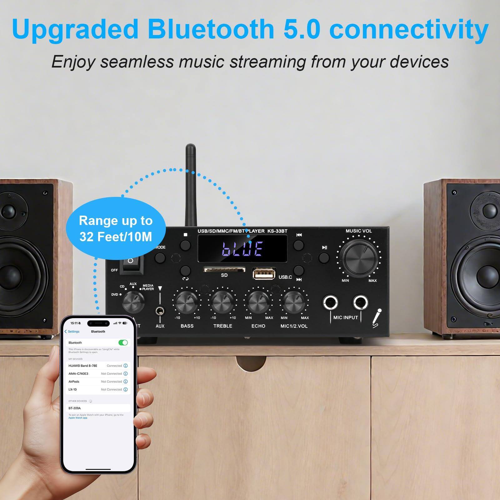 Upgraded Bluetooth 5.0 connectivity  
Enjoy seamless music streaming from your devices  

Range up to 32 Feet/10M  

ODE USS/SD/MMC/FW/BTPLAYER KS-338T  

MUSIC VOL  
-18 +10 BASS -18 +10 TREBLE  
MIN MAX  
ECHO MIC1/2VOL MIC INPUT  
HUM  
120 C AMALCN  
Connected smu  
- - - 16/18 - e - - 7-200  

USB/SD/MMC/FW/BTPLAYER KS-338T  

MUSIC VOL  
-18 +10 BASS -18 +10 TREBLE  
MIN MAX  
ECHO MIC1/2VOL MIC INPUT  
HUM  
120 C AMALCN  
Connected smu  
- - - 16/18 - e - - 7-200  

USB.C  
MIN MAX  
ECHO MIC1/2VOL MIC INPUT  
HUM  
120 C AMALCN  
Connected smu  
- - - 16/18 - e - - 7-200  

