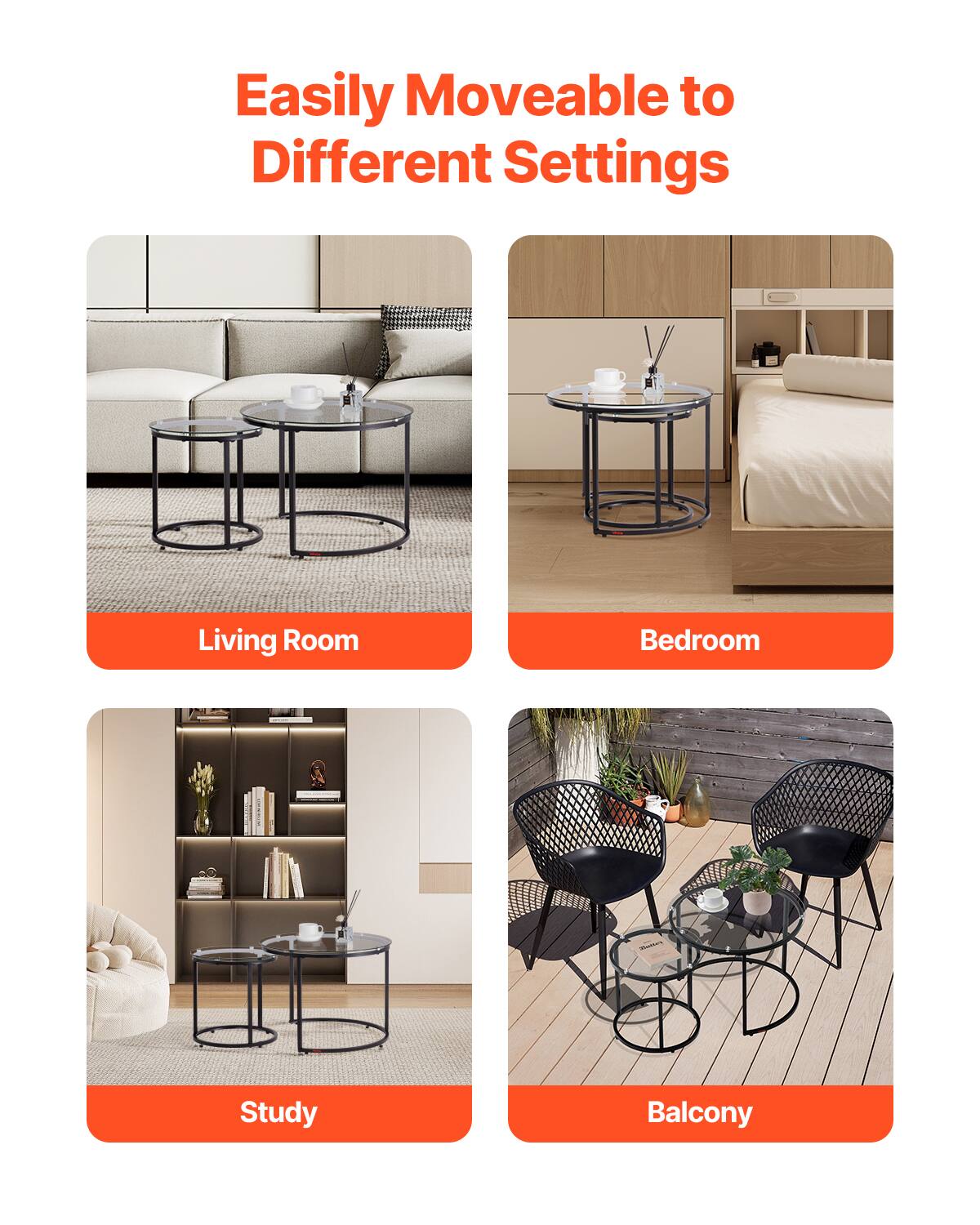 Easily Moveable to Different Settings

Living Room
Bedroom
Study
Balcony