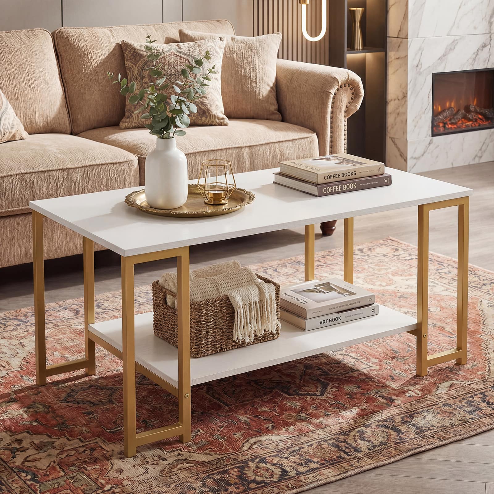 Costway - 2-Tier Coffee Table, Modern Accent Table with Open Storage Shelf - White & Gold