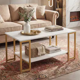 Costway - 2-Tier Coffee Table, Modern Accent Table with Open Storage Shelf - White & Gold