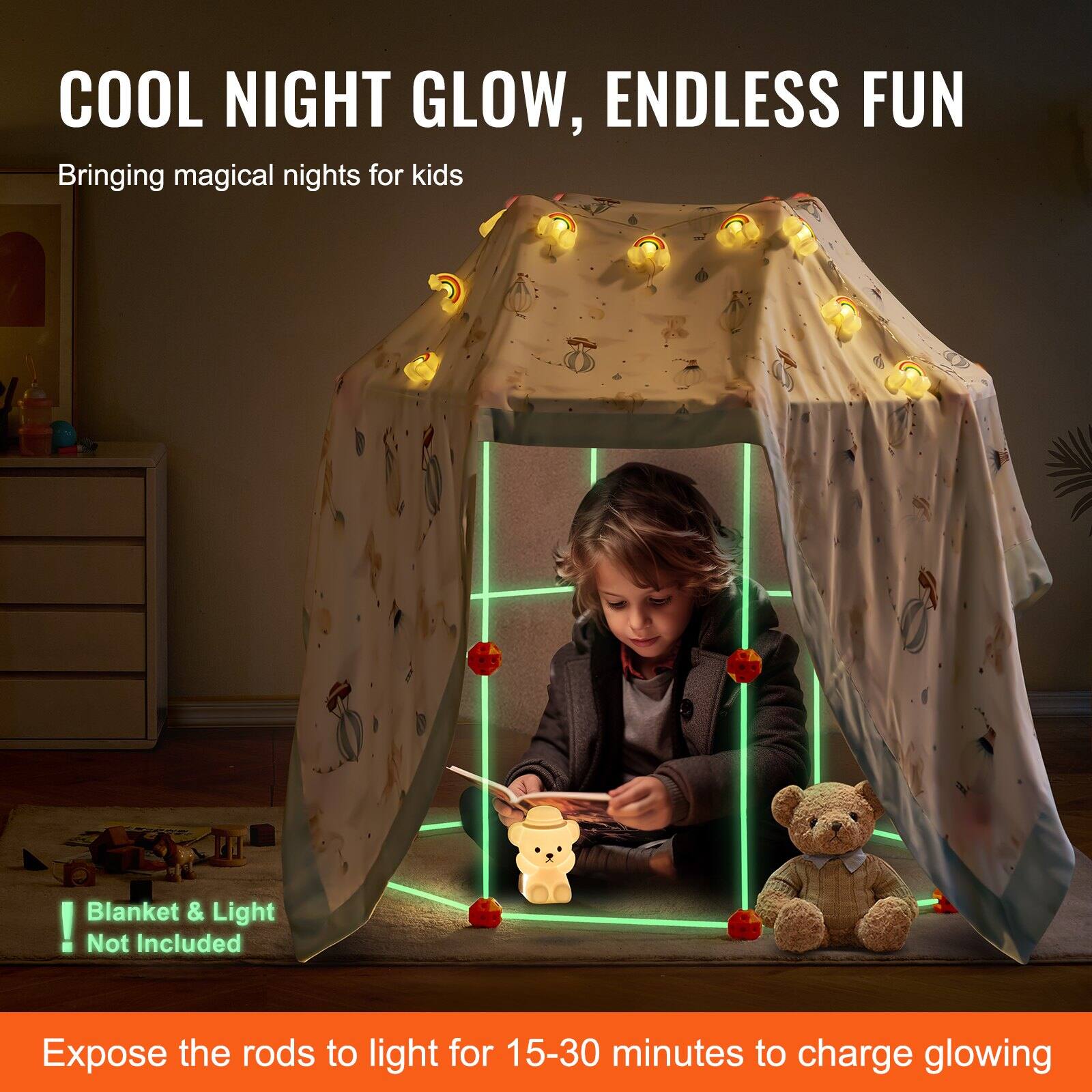 COOL NIGHT GLOW, ENDLESS FUN  
Bringing magical nights for kids  

Blanket & Light Not Included  

Expose the rods to light for 15-30 minutes to charge glowing