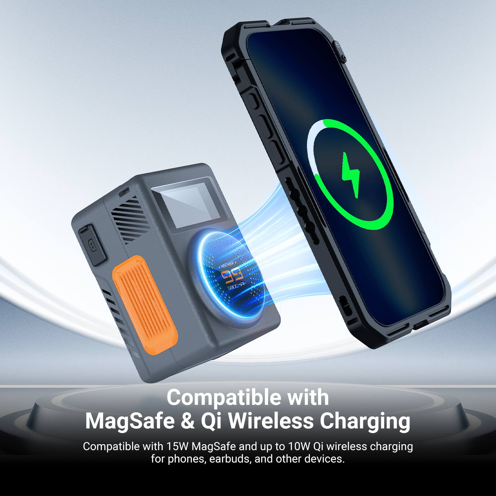 B #NEWER 1 99 MLY Compatible with MagSafe & Qi Wireless Charging Compatible with 15W MagSafe and up to 10W Qi wireless charging for phones, earbuds, and other devices.