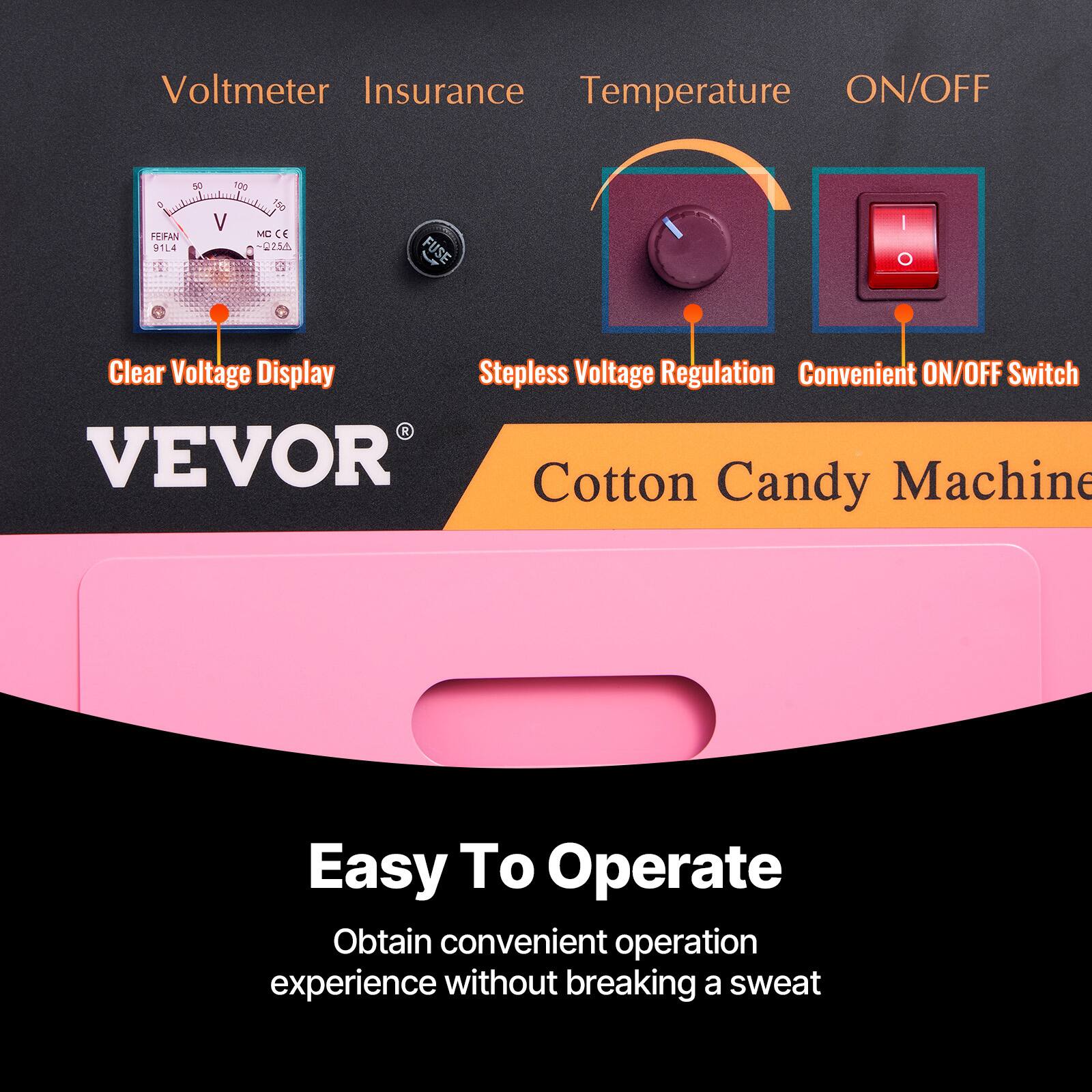 Voltmeter Insurance Temperature ON/OFF

FERAN 91L4 90 100 190 V MC c 0254 FUSE

Clear Voltage Display Stepless Voltage Regulation Convenient ON/OFF Switch

VEVOR Cotton Candy Machine

Easy To Operate

Obtain convenient operation experience without breaking a sweat