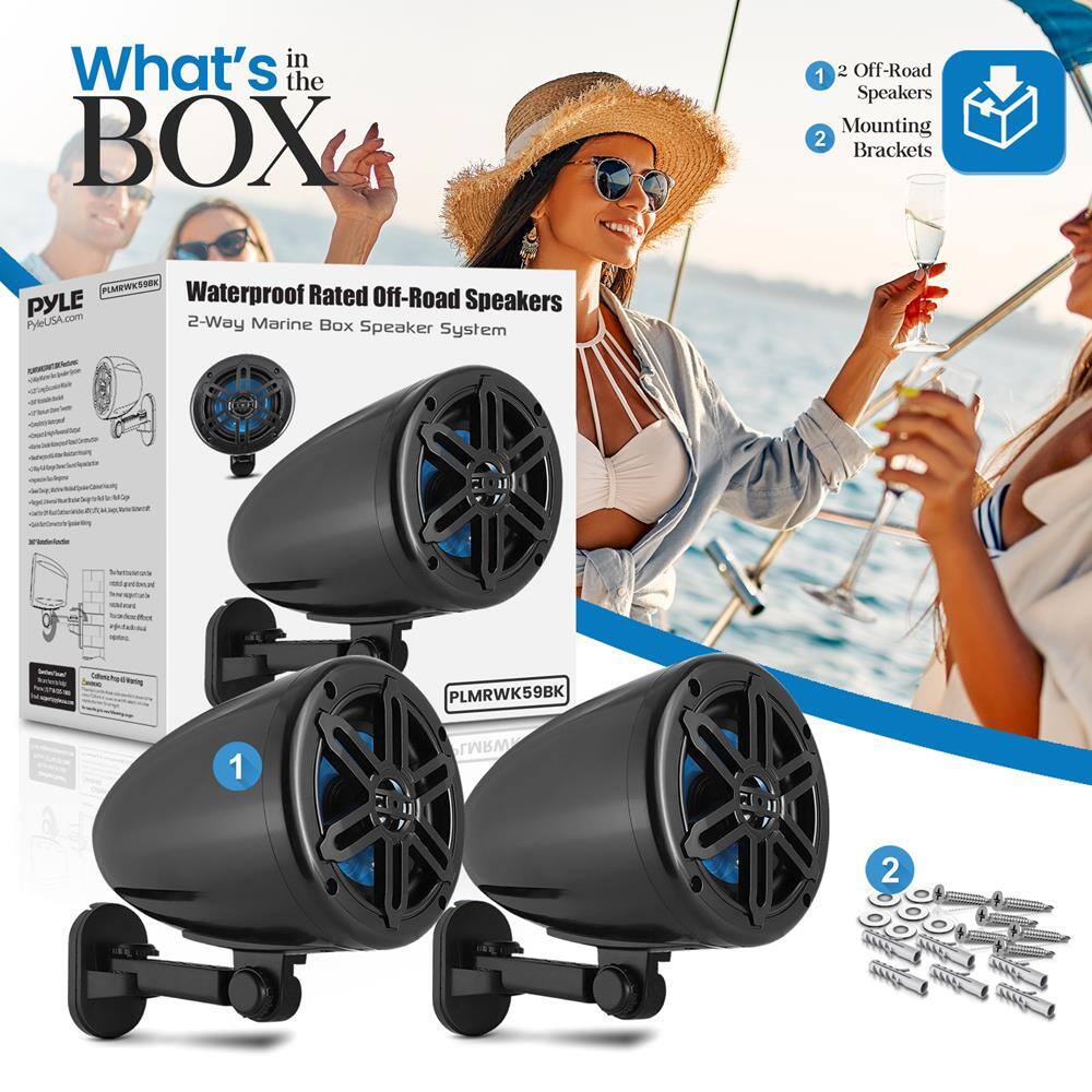 What's in the BOX

1. Waterproof Rated Off-Road Speakers
   - 2-Way Marine Box Speaker System

2. Mounting Brackets

PYLE
PYLEUSA.com

PLMRWK59BK