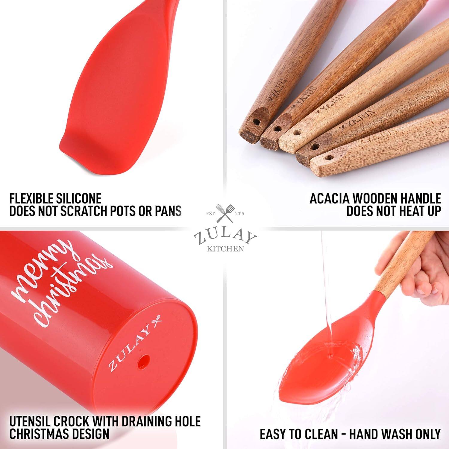 - FLEXIBLE SILICONE DOES NOT SCRATCH POTS OR PANS
- ACACIA WOODEN HANDLE DOES NOT HEAT UP
- UTENSIL CROCK WITH DRAINING HOLE CHRISTMAS DESIGN
- EASY TO CLEAN - HAND WASH ONLY
- ZULAY KITCHEN
- EST 2015