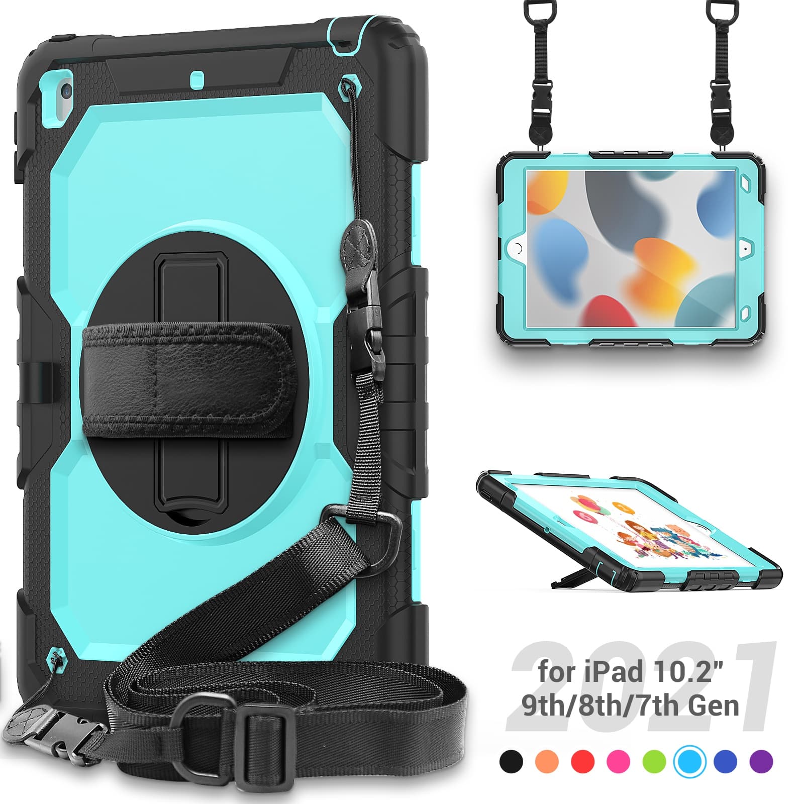 UUCOVER - Full Body Case for iPad 9th 8th 7th Gen 10.2-inch Shockproof Built-in Screen Protector Stand Hand/Shoulder Strap Cover - Mint+Black