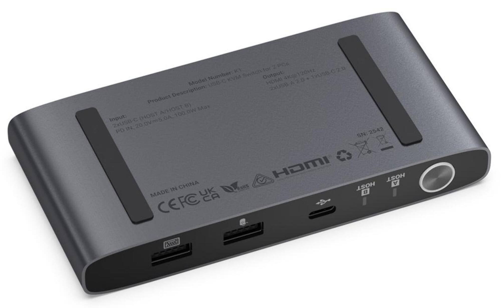 2 PC K1 for 120Hz C2.0  
Number: KV  
Switch Output: 4K 1xUSB-C  
Model Number: K1  
Description: USB-C KVM Switch for 2 PCs  
Input: 2xUSB-C (HOST A/B) 20.0V=5.0 PD IN  
Output: HDMI 4K@120Hz 2xUSB-A 2.0  
SN: 2542  
Made in China  
CEFC UK