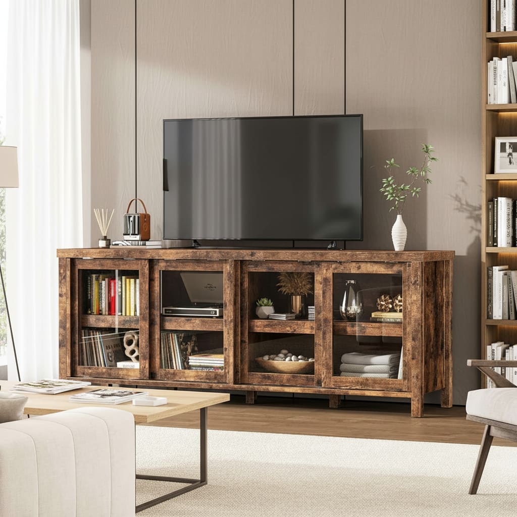 GARVEE - TV Stand, with 4 Sliding Glass Doors & Storage Cabinet - Retro Brown