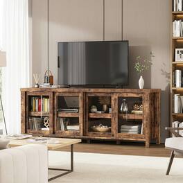 GARVEE - TV Stand, with 4 Sliding Glass Doors & Storage Cabinet - Retro Brown
