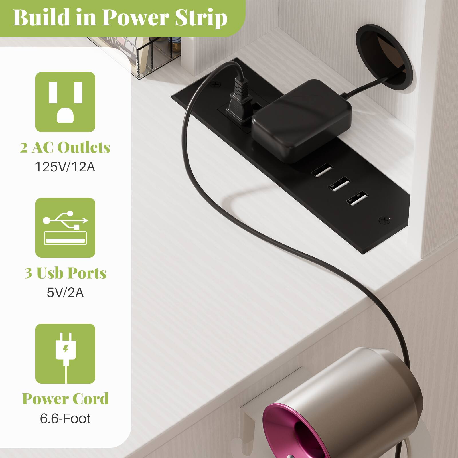 Build in Power Strip

2 AC Outlets  
125V/12A

3 USB Ports  
5V/2A

Power Cord  
6.6-Foot