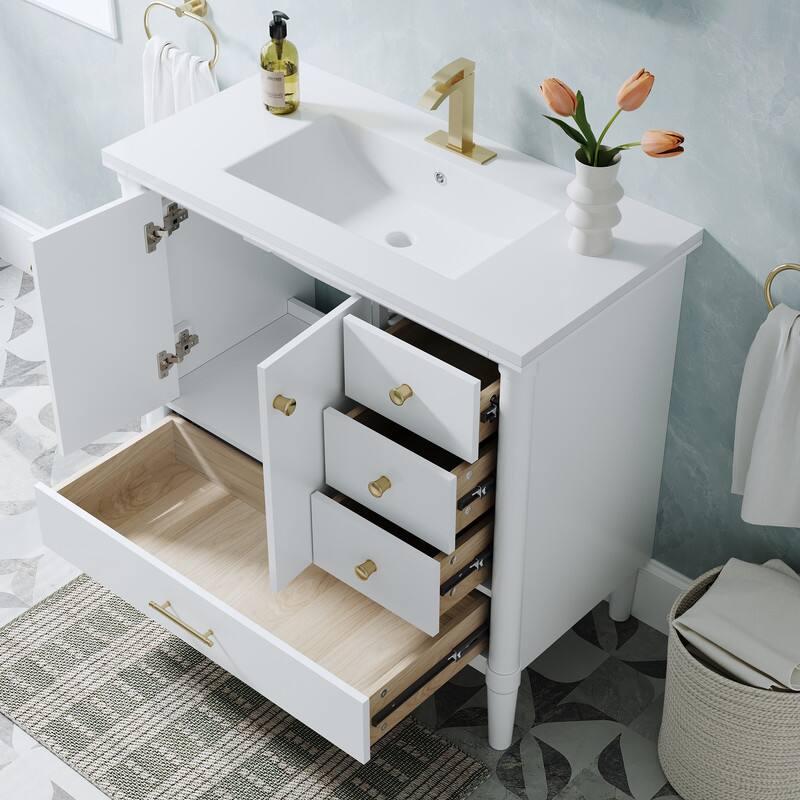 Left. WELLFOR - 36" Freestanding Bathroom Vanity with Single Sink，Solid Wood Bath Vanity with Soft-Close Doors & Drawer - White.