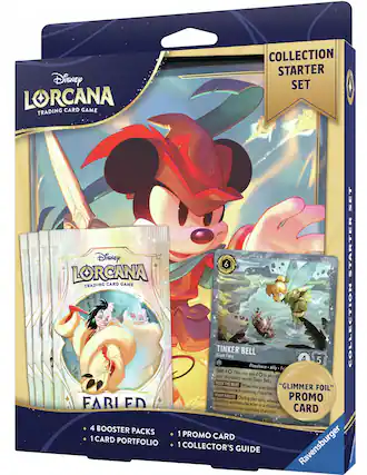 Disney LORCANA
TRADING CARD GAME
COLLECTION STARTER SET
4 BOOSTER PACKS
1 CARD PORTFOLIO
1 PROMO CARD
1 COLLECTOR'S GUIDE
TINKER BELL
Giant Fairy
Floodborn - Ally - Fo
Shift 4 (You may pay 4 to play this card.)
"ROCK THE BOAT" When damage to each opposing character.
"PUNY PIRATE!" During your turn, when another character in damage of 1 challenge, chosen opposing character.
"GLIMMER FOIL" PROMO CARD
Ravensburger