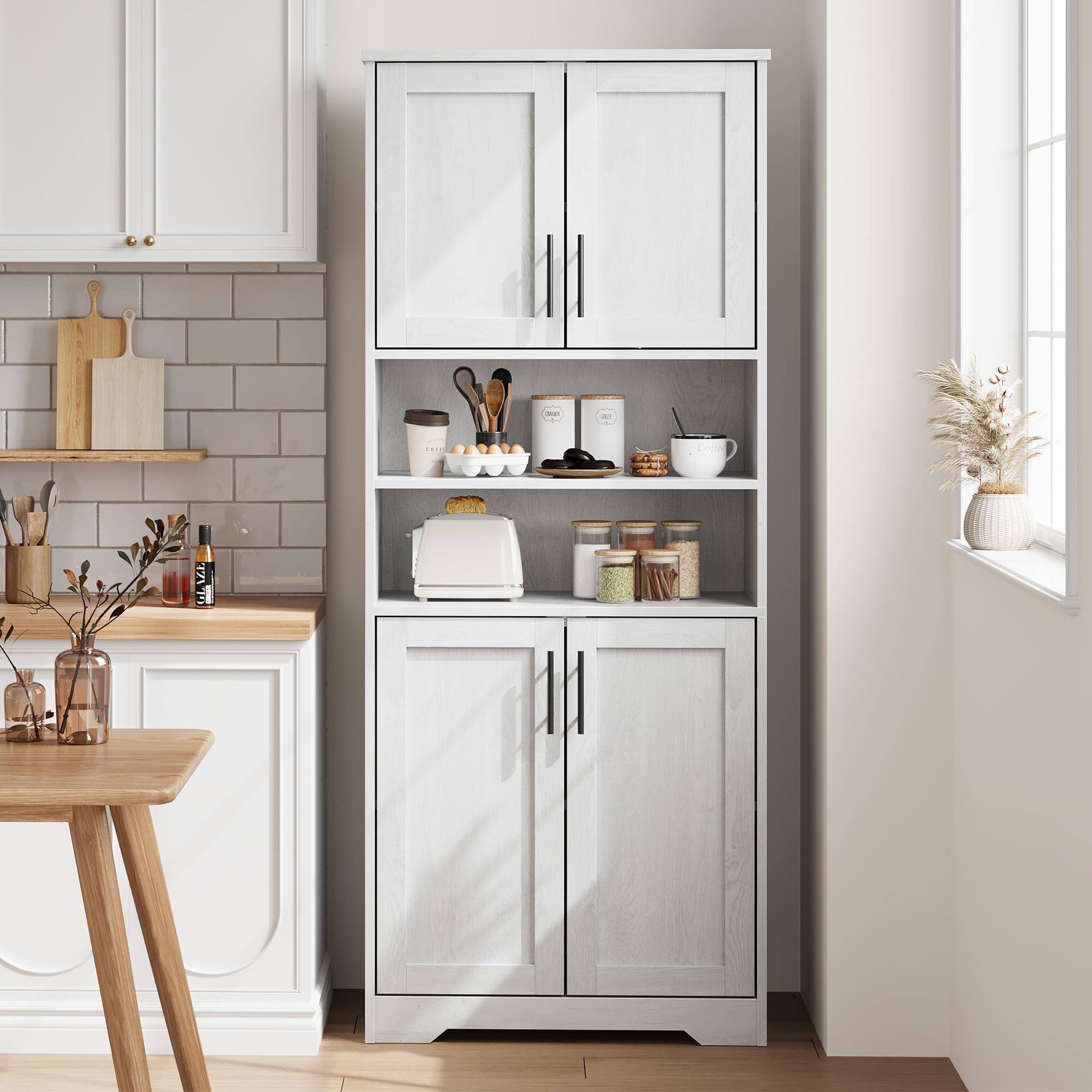 Front. Qeetex - 67" Tall Kitchen Pantry Cabinet with Wood Doors & Adjustable Shelves, Freestanding Modern Storage Cupboard - White.