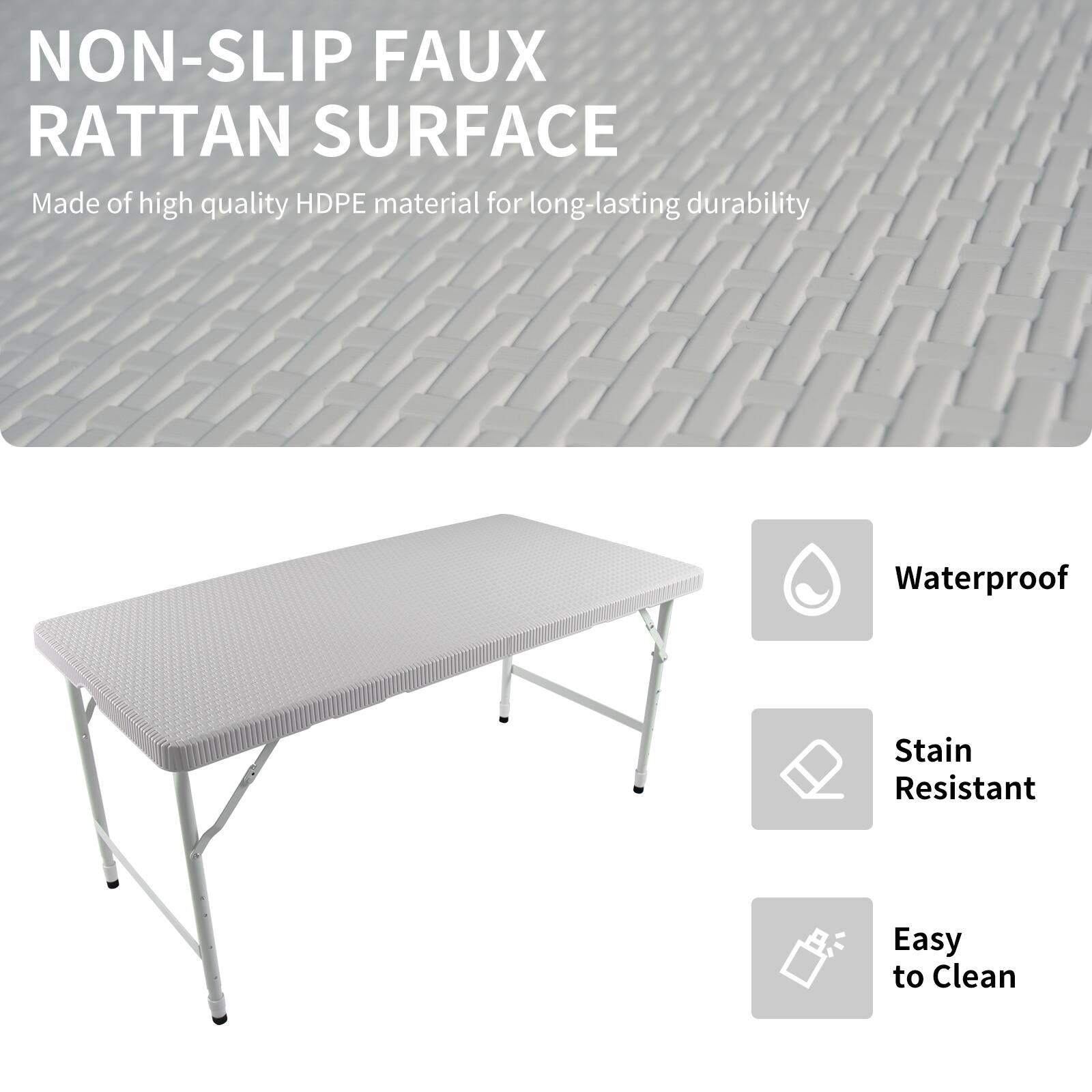 NON-SLIP FAUX RATTAN SURFACE  
Made of high quality HDPE material for long-lasting durability  

- Waterproof  
- Stain Resistant  
- Easy to Clean