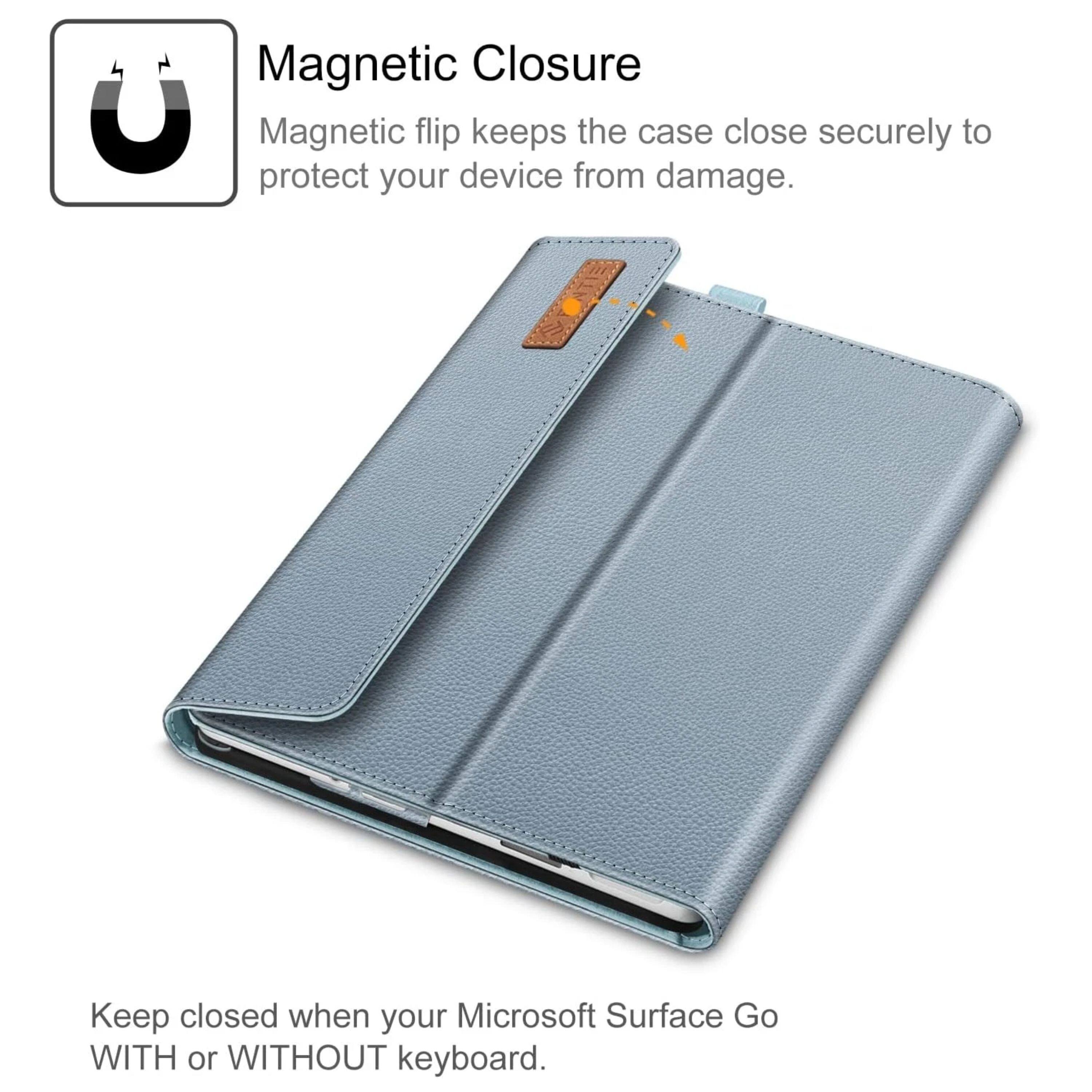 Magnetic Closure  
Magnetic flip keeps the case close securely to protect your device from damage.  
Keep closed when your Microsoft Surface Go WITH or WITHOUT keyboard.